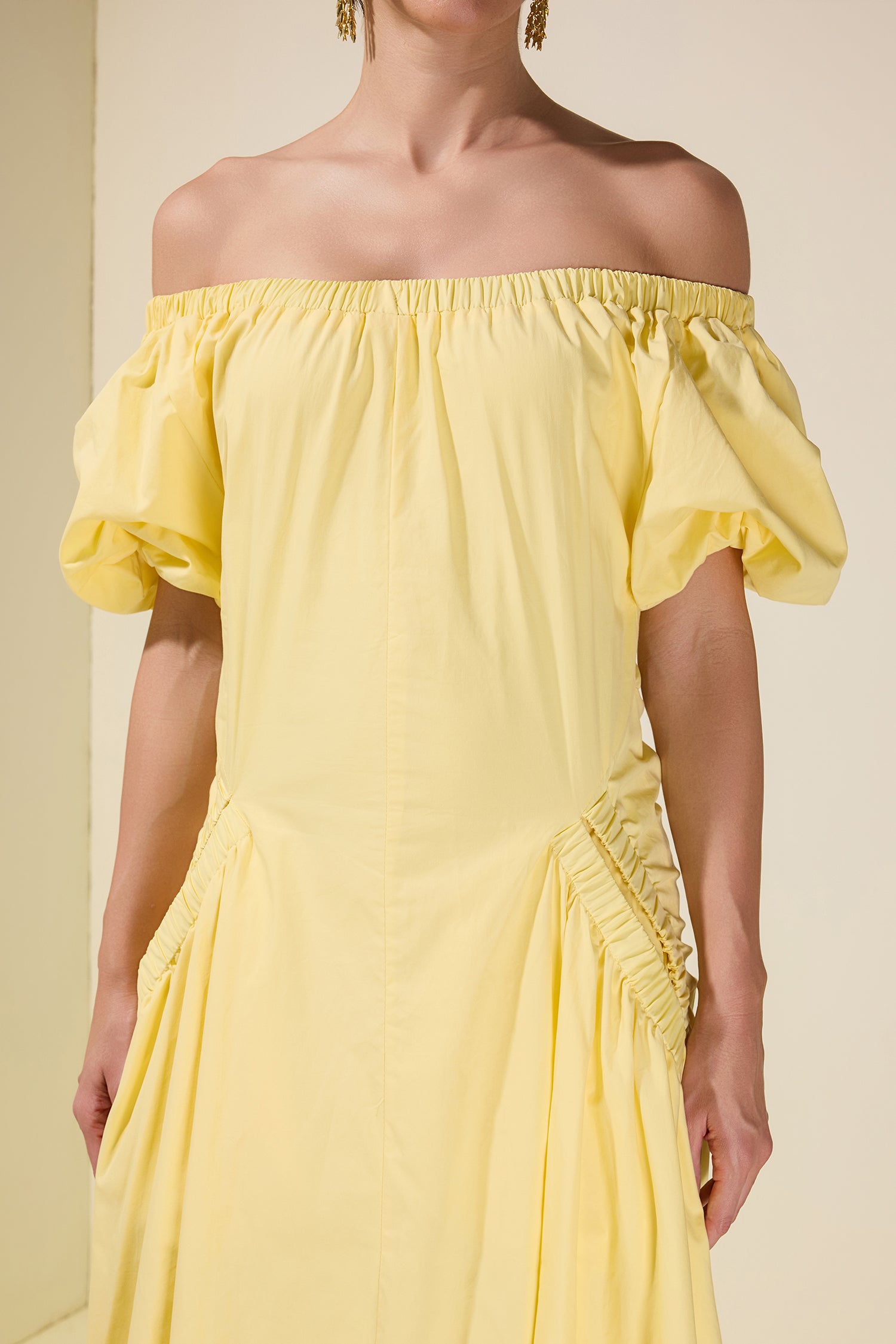 Gathering Pocket Off Shoulder Midi Dress