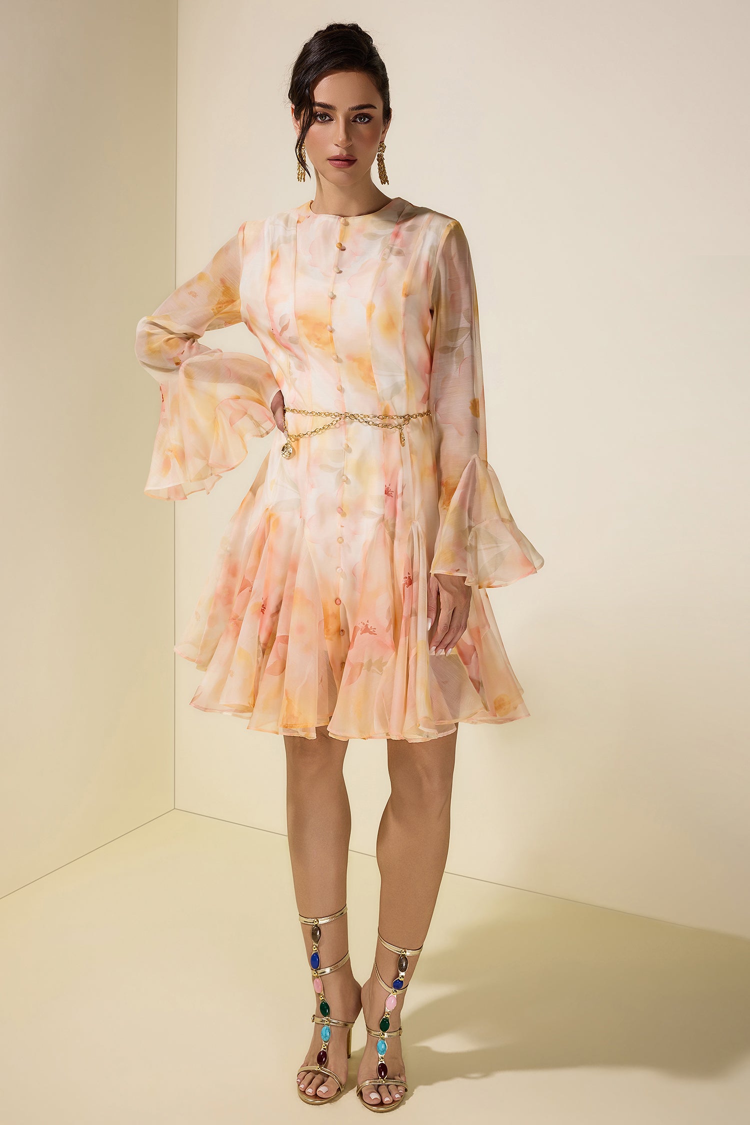 Floral Ruffle Mini Dress With Metal Chain Belt