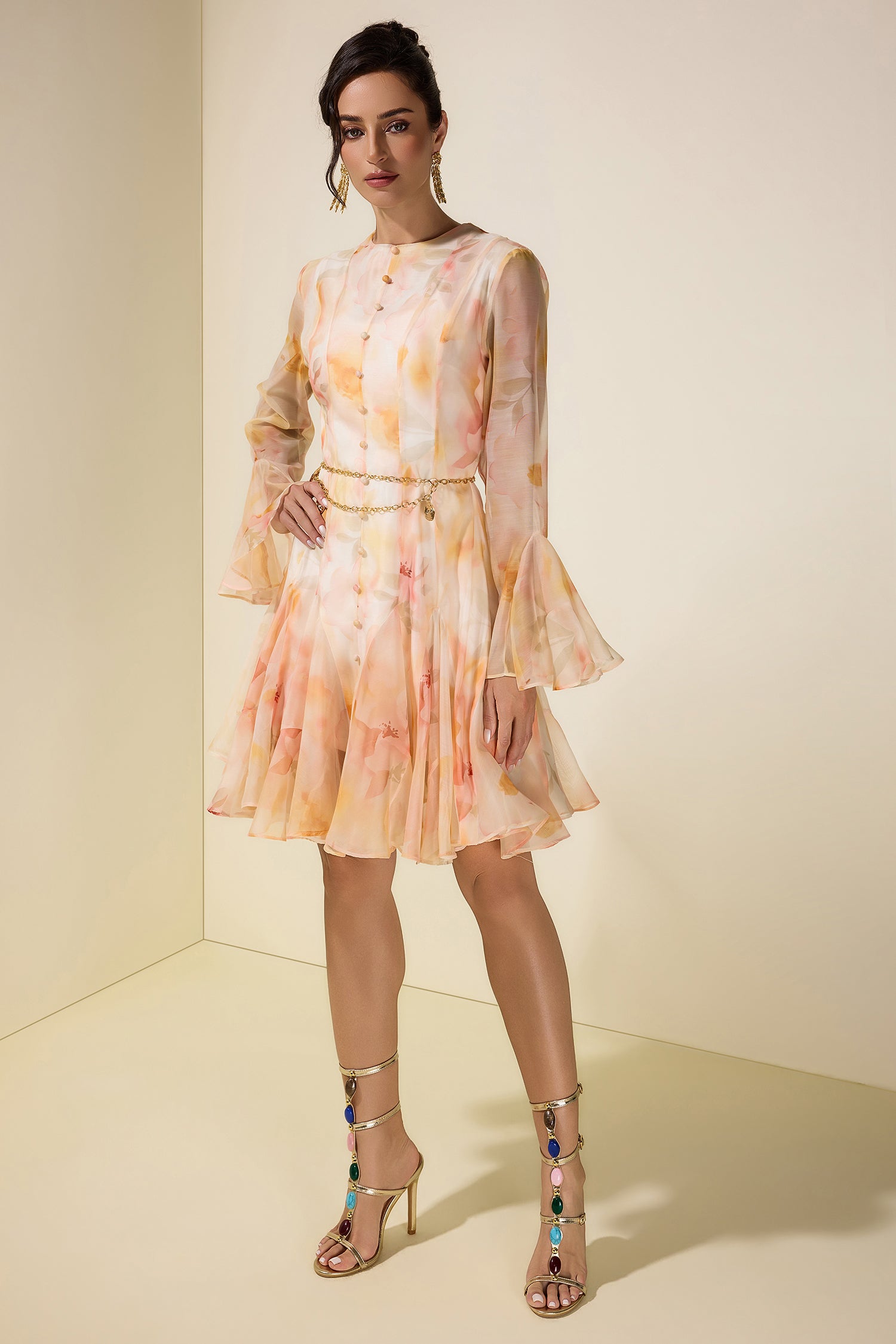 Floral Ruffle Mini Dress With Metal Chain Belt