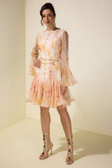 Floral Ruffle Mini Dress With Metal Chain Belt