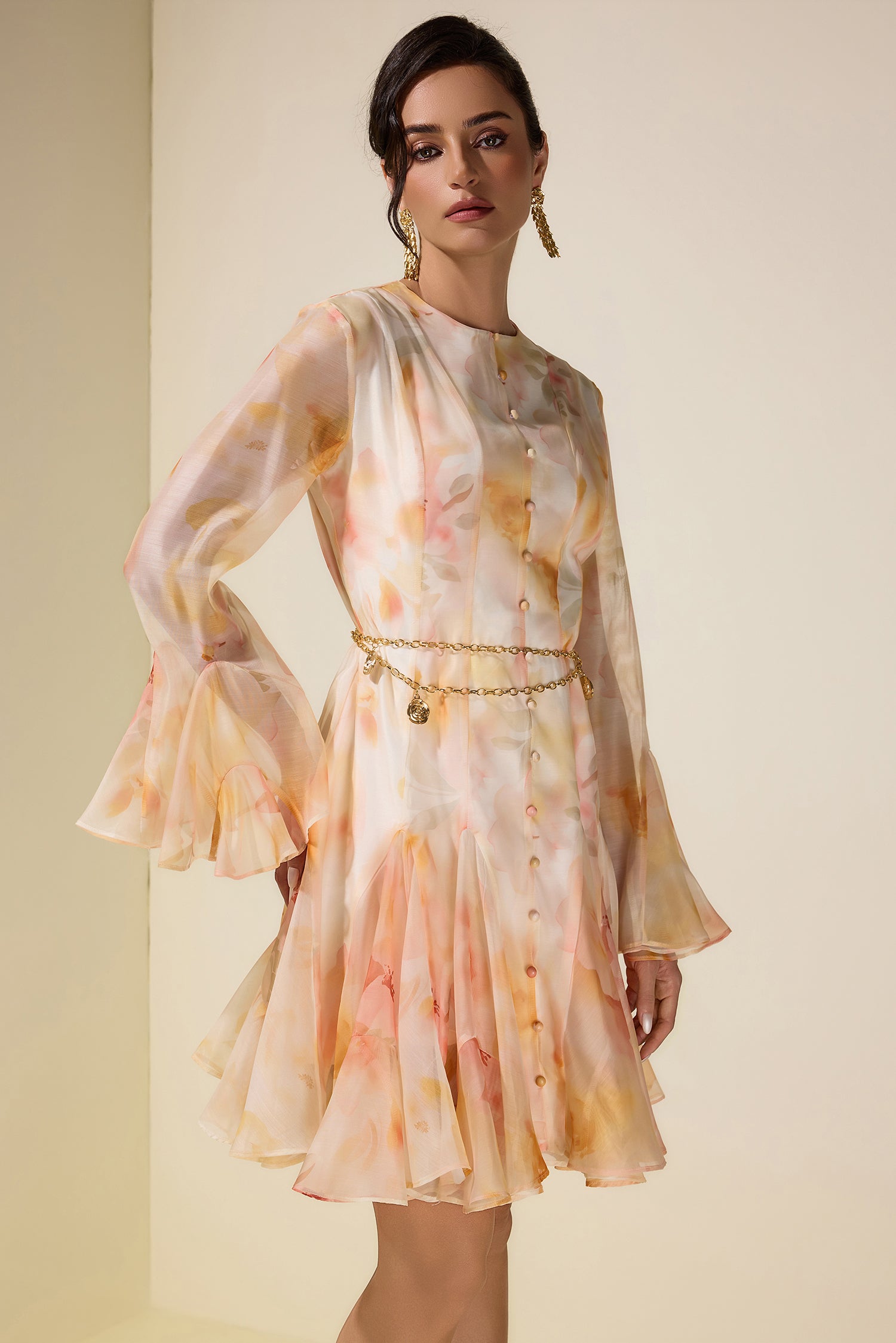 Floral Ruffle Mini Dress With Metal Chain Belt