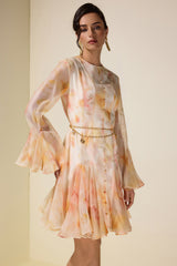 Floral Ruffle Mini Dress With Metal Chain Belt