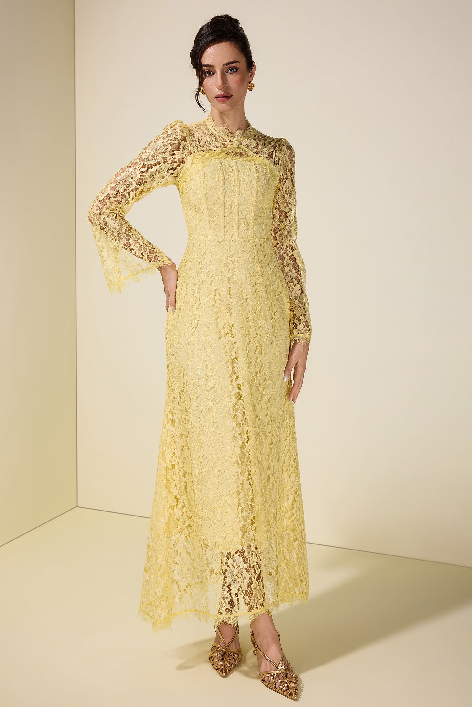 Lace Tie-Up Long Sleeve Midi Dress