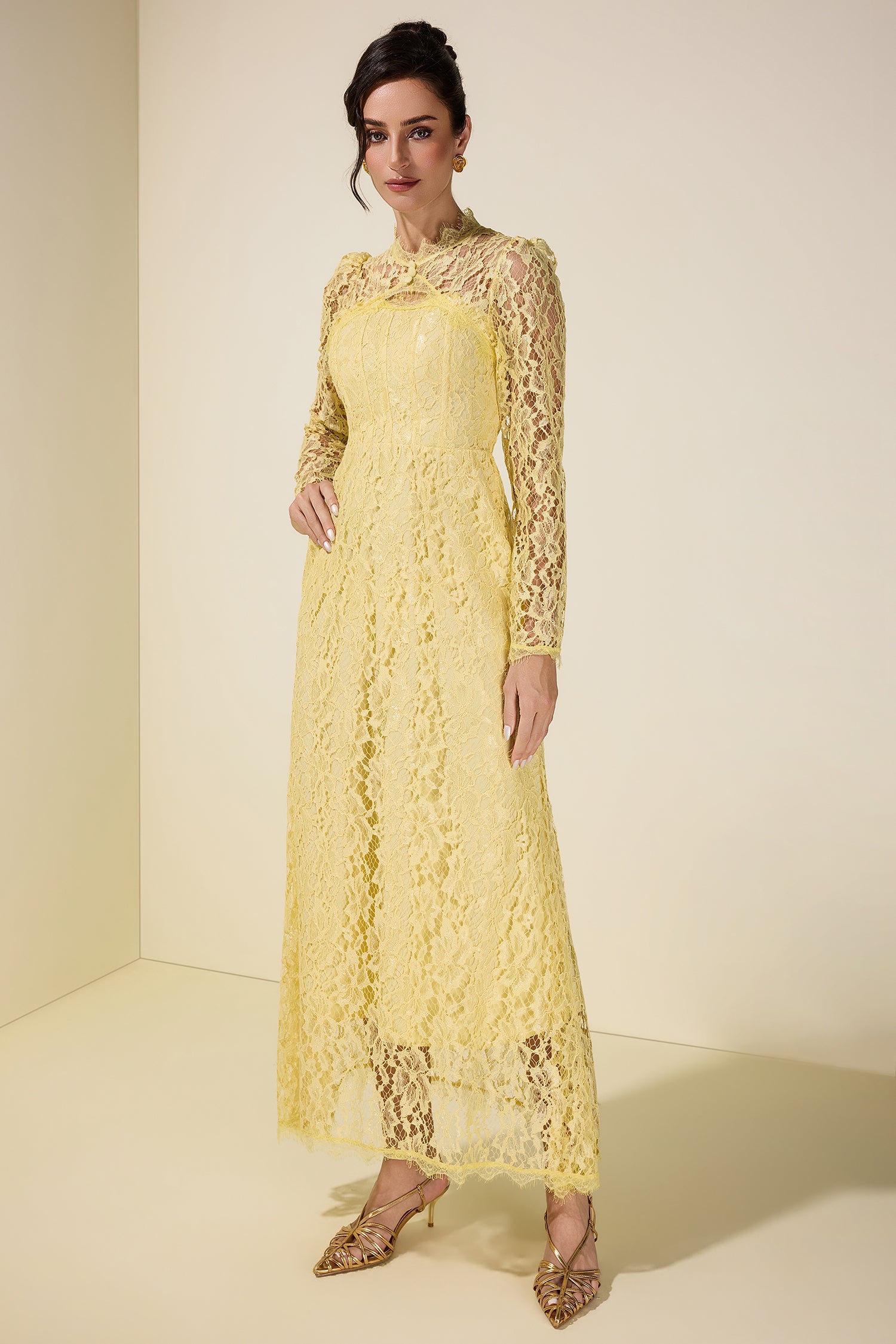 Lace Tie-Up Long Sleeve Midi Dress