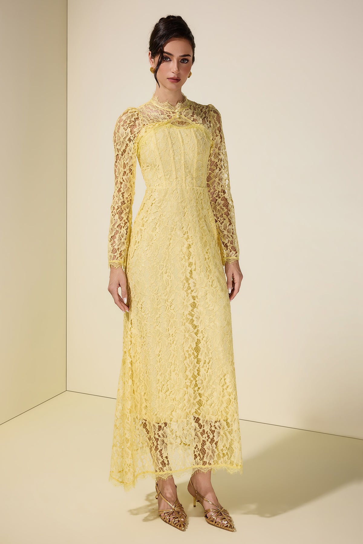 Lace Tie-Up Long Sleeve Midi Dress