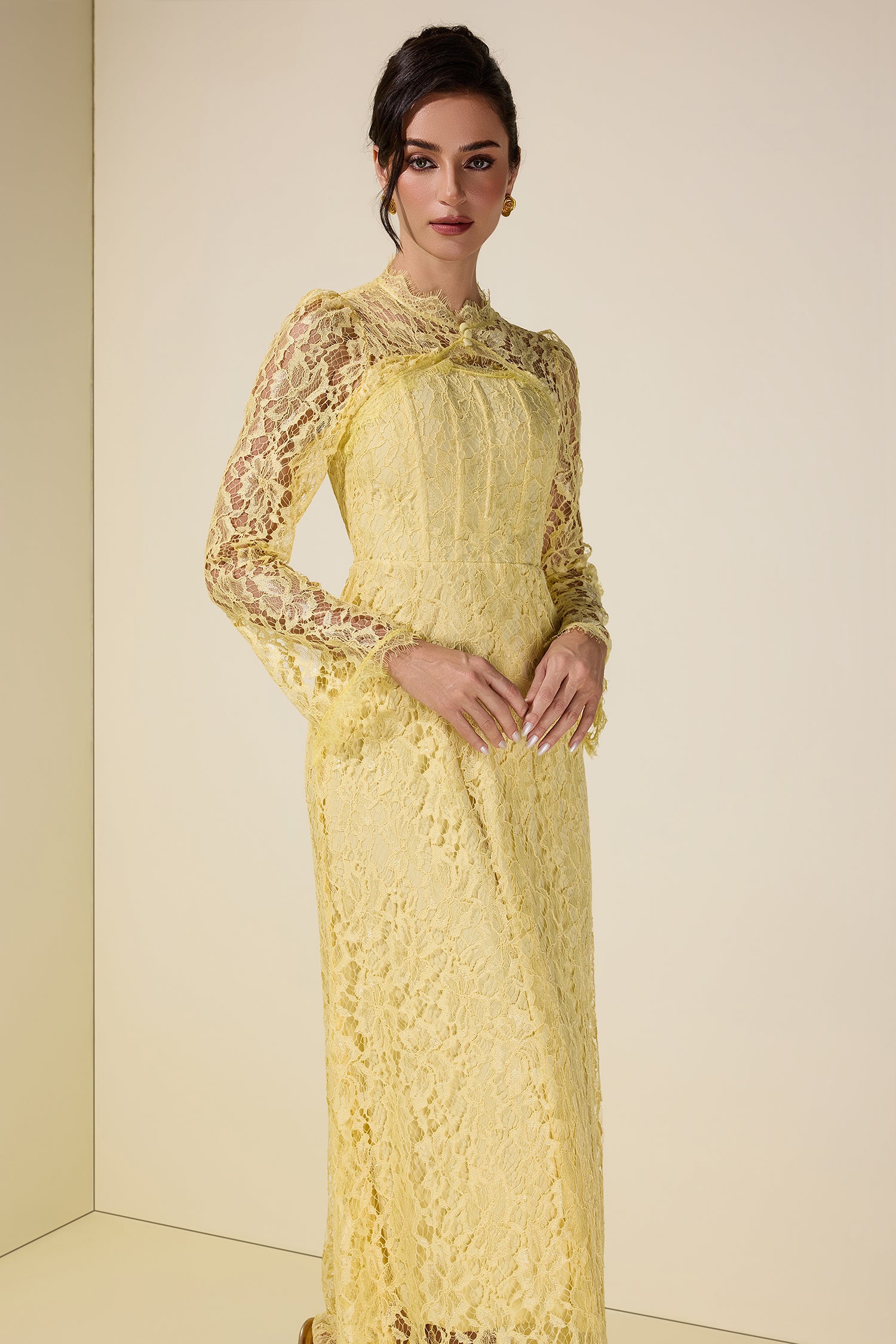 Lace Tie-Up Long Sleeve Midi Dress