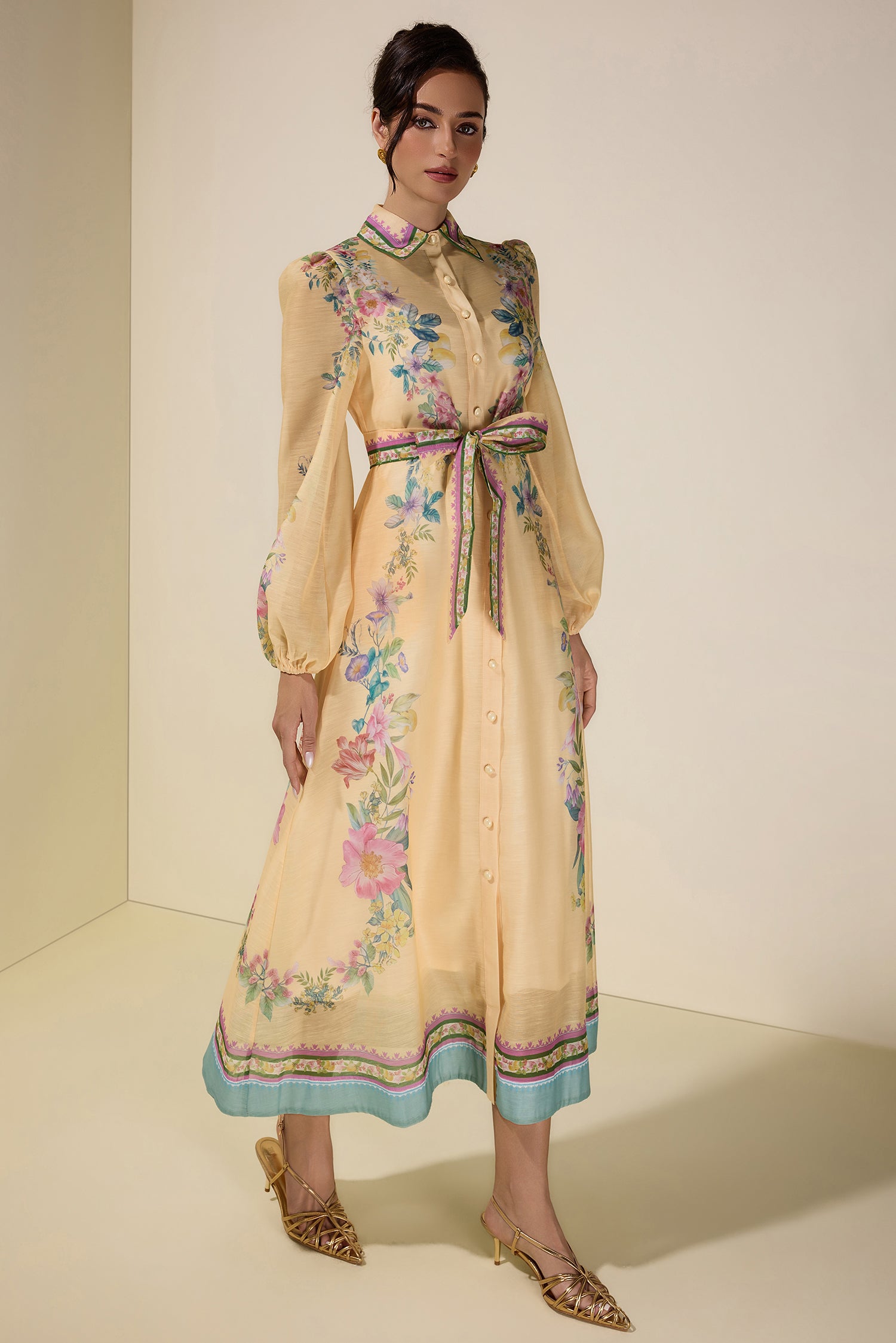 Floral Flapped Single Breasted Midi Dress With Belt