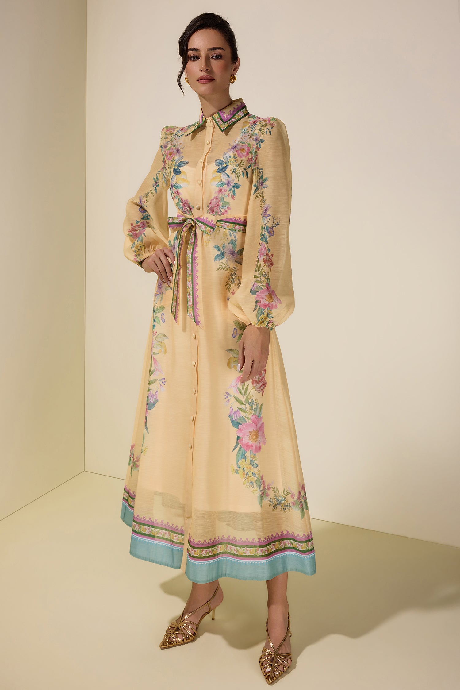 Floral Flapped Single Breasted Midi Dress With Belt