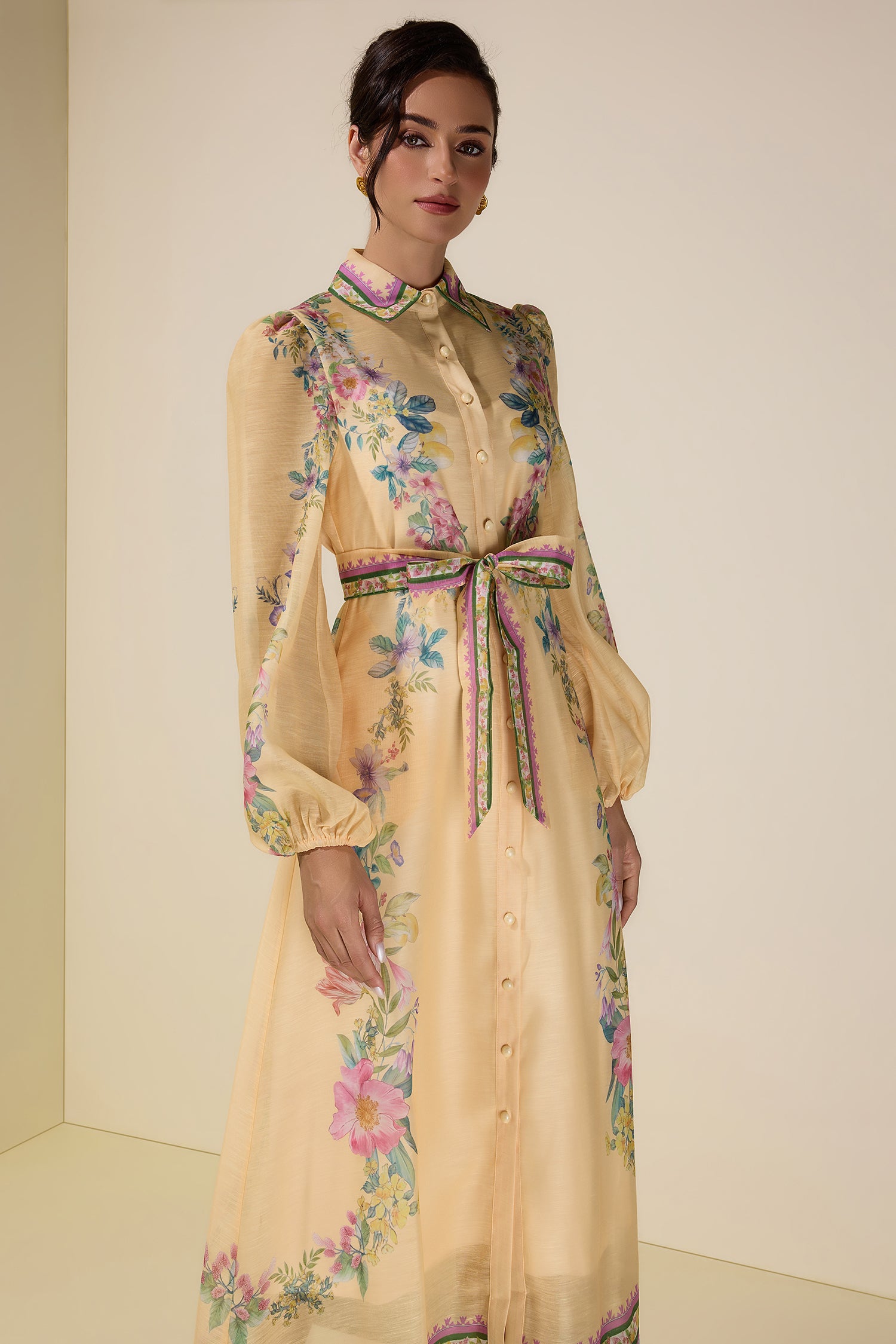 Floral Flapped Single Breasted Midi Dress With Belt