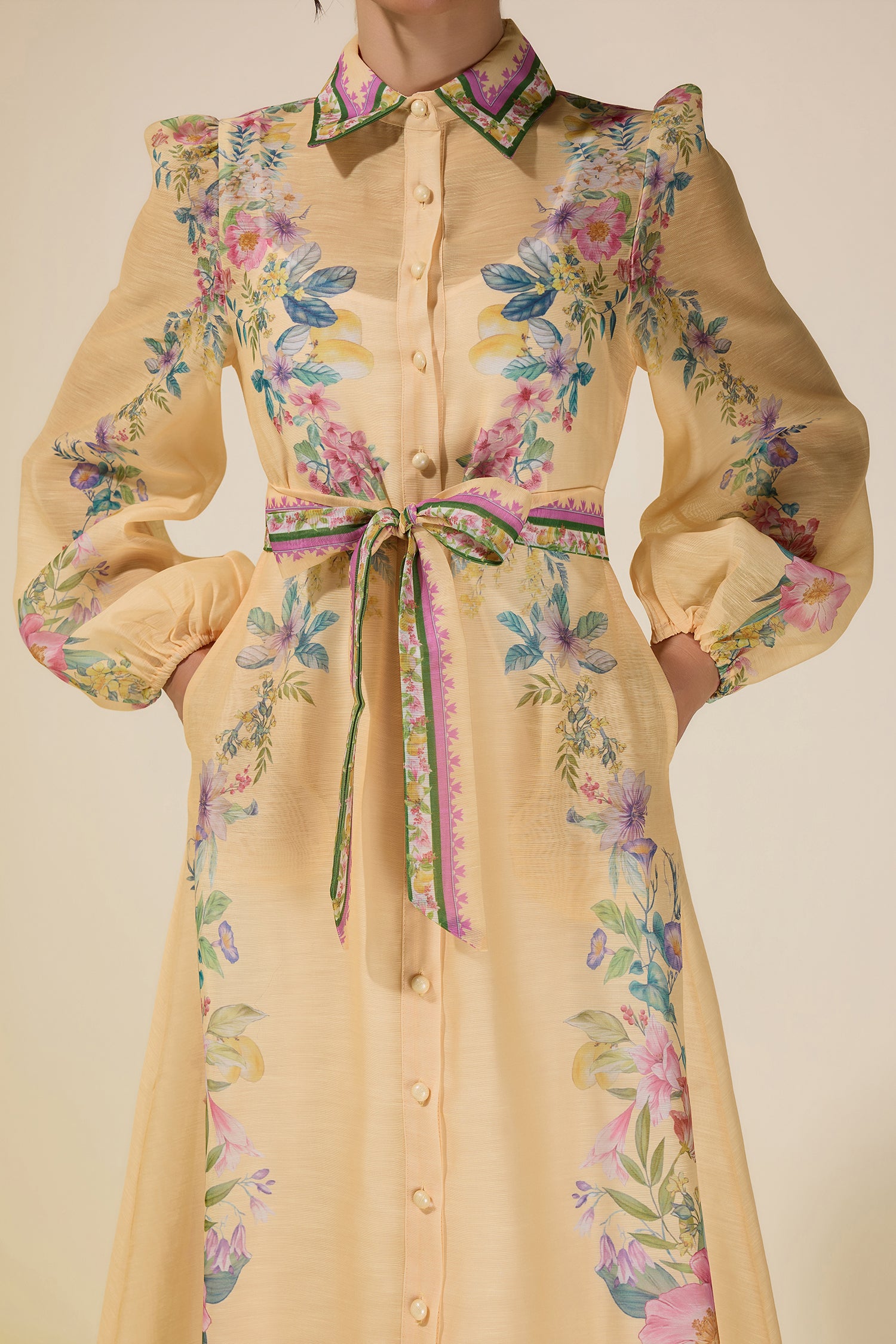 Floral Flapped Single Breasted Midi Dress With Belt