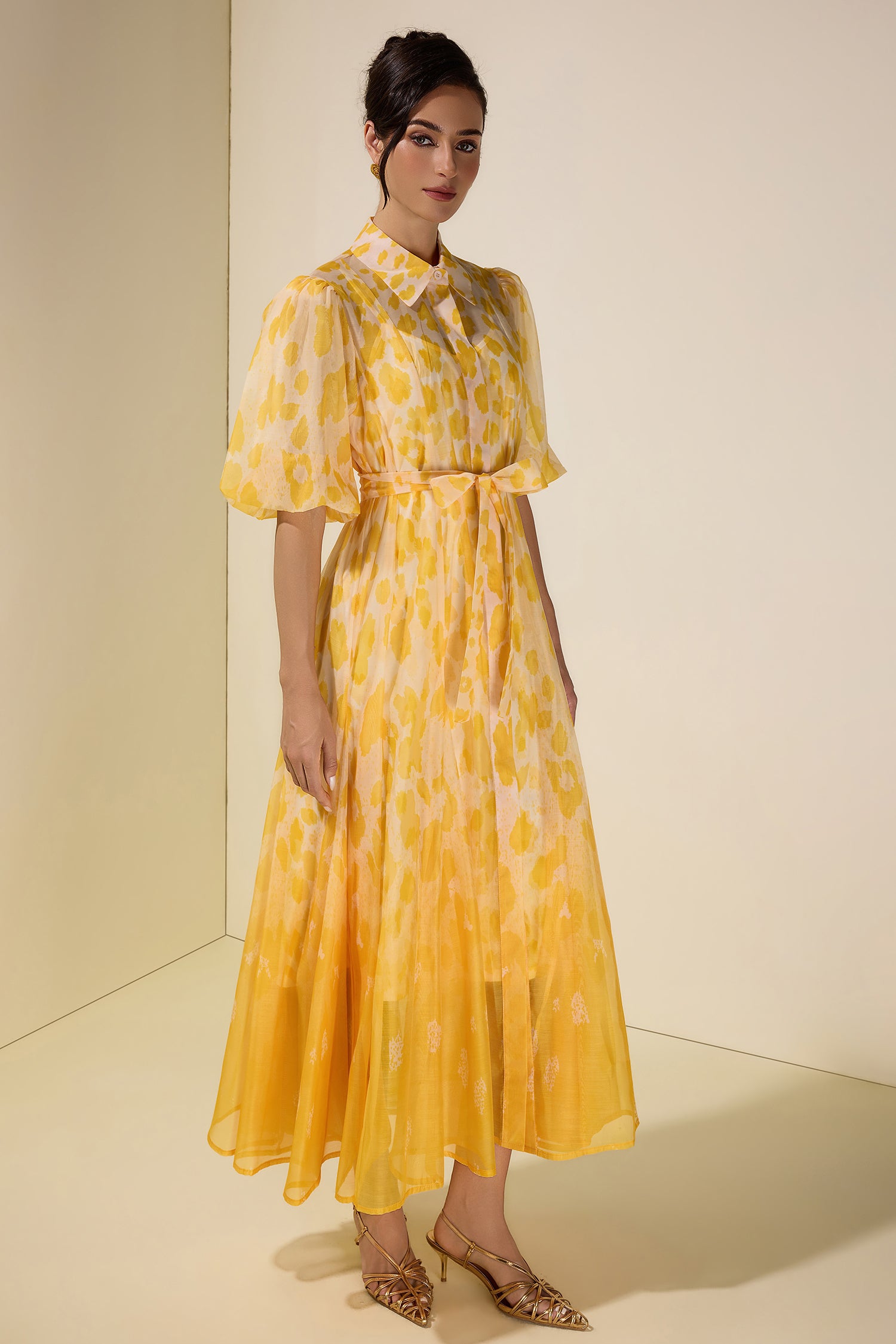 Floral Gradient Color Midi Dress With Belt