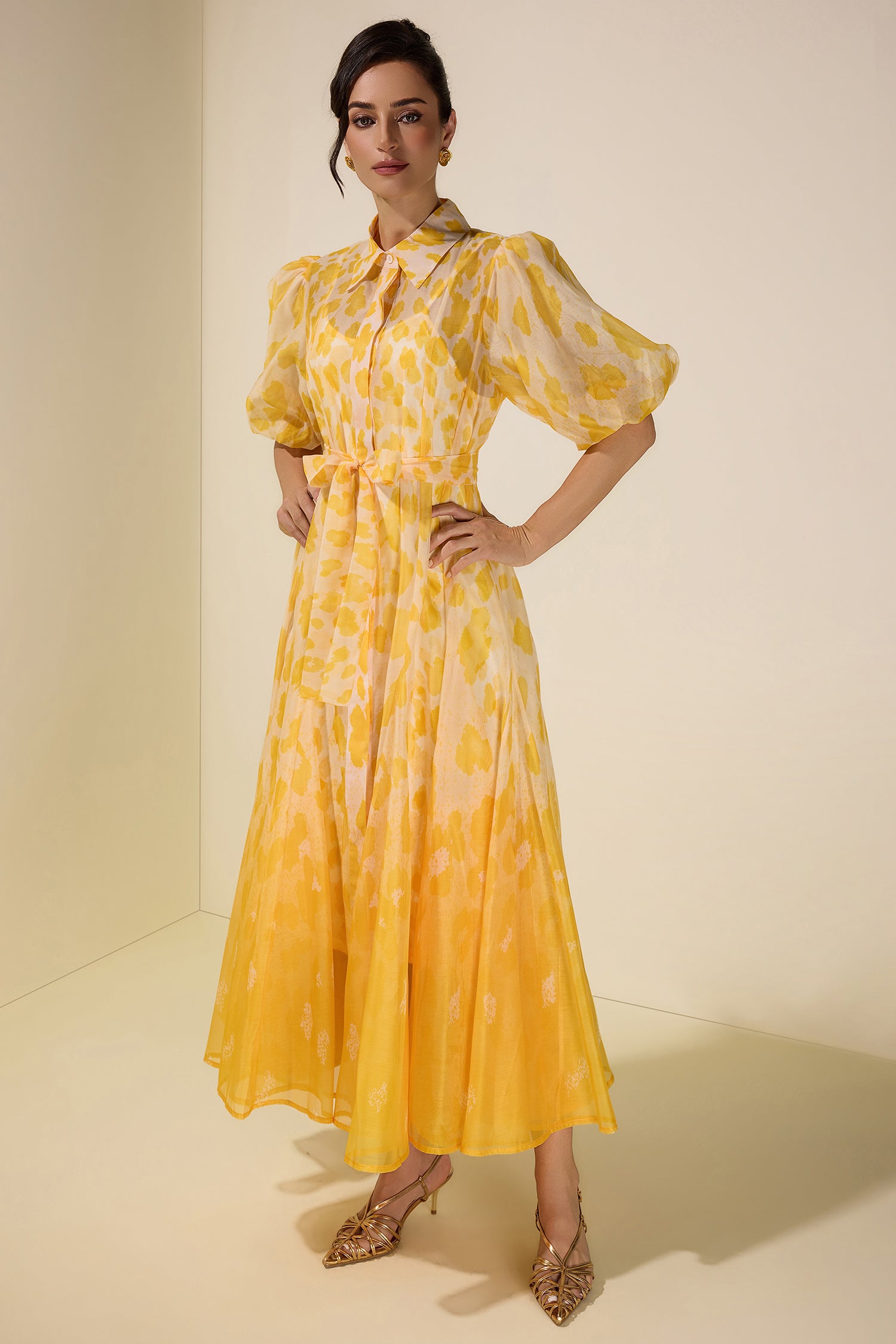 Floral Gradient Color Midi Dress With Belt