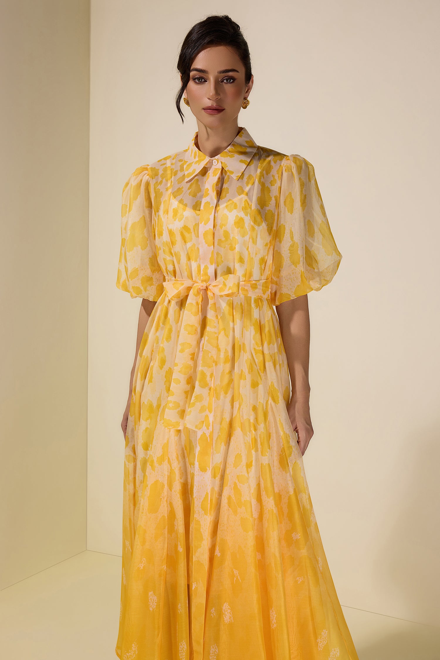 Floral Gradient Color Midi Dress With Belt
