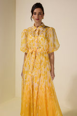 Floral Gradient Color Midi Dress With Belt