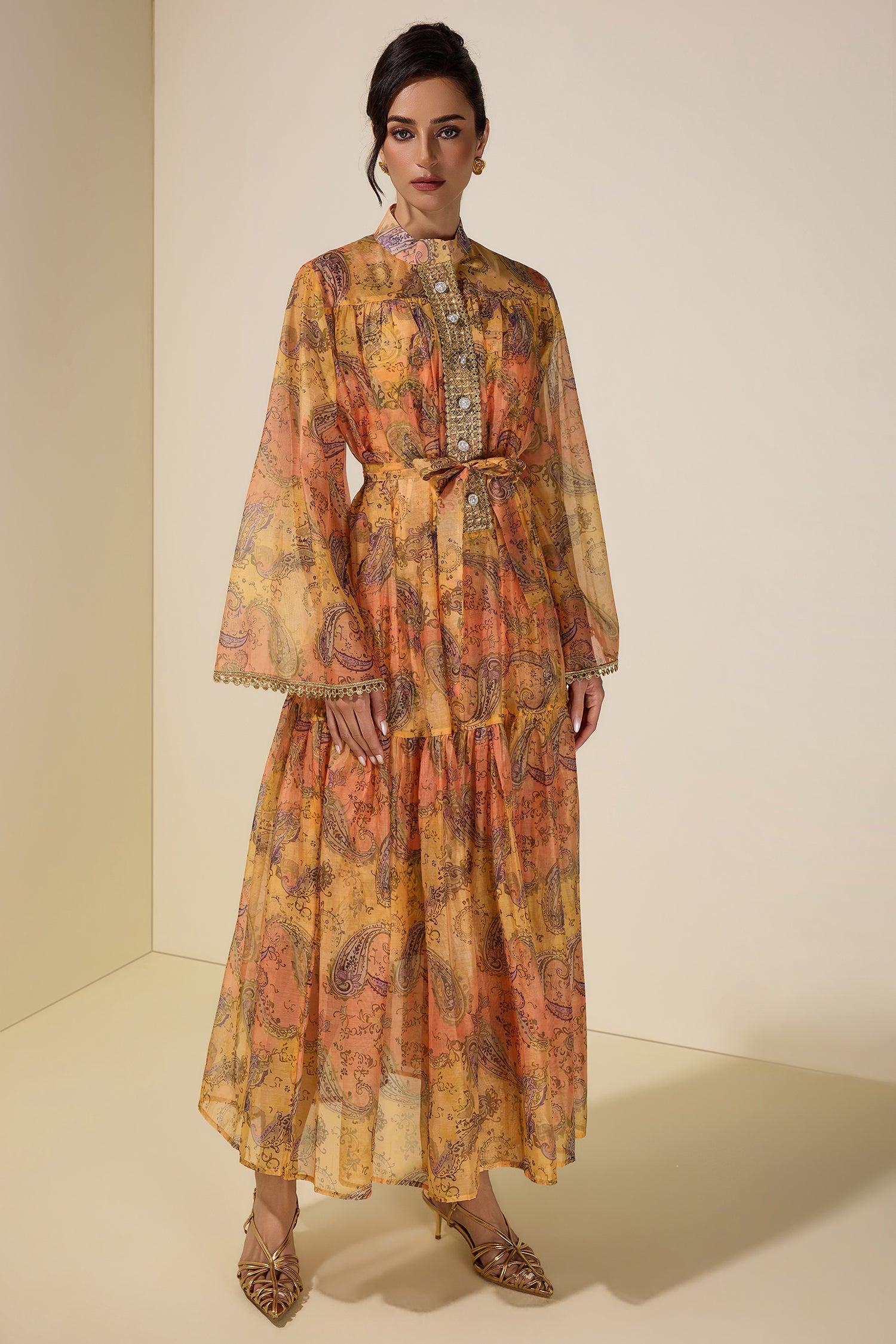 Paisley Print Stand Collar Lace Midi Dress With Belt