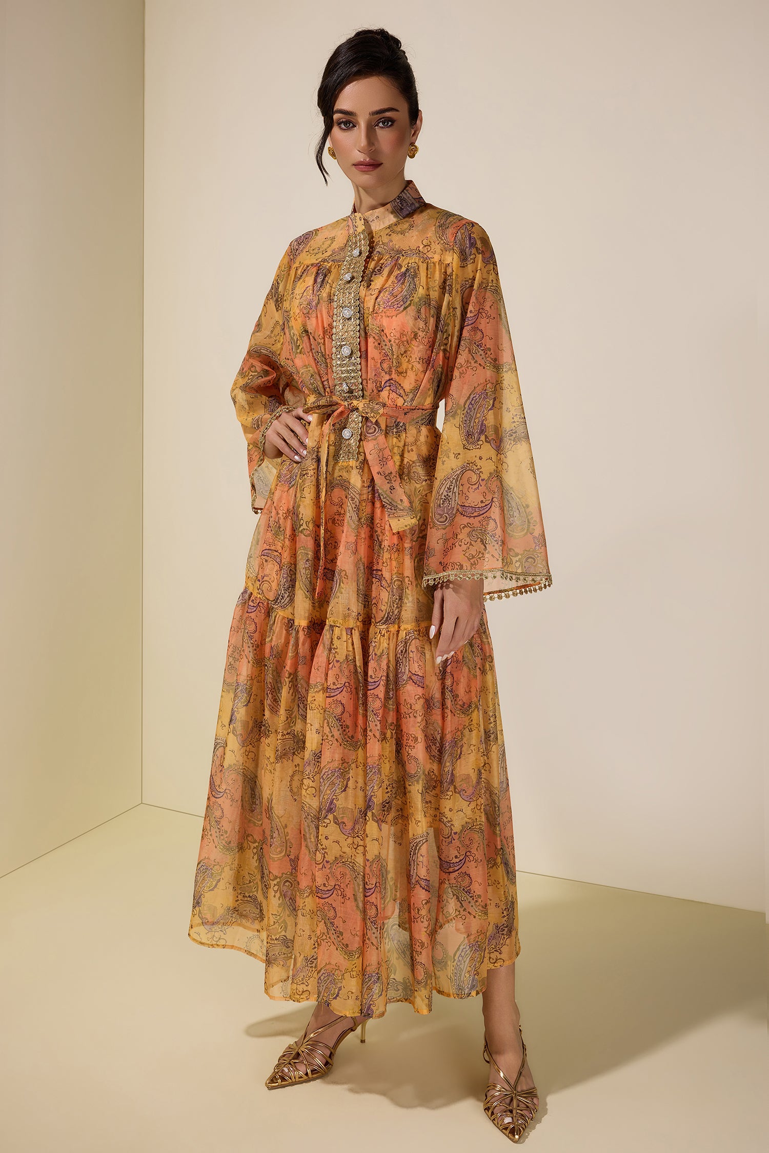 Paisley Print Stand Collar Lace Midi Dress With Belt
