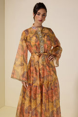 Paisley Print Stand Collar Lace Midi Dress With Belt