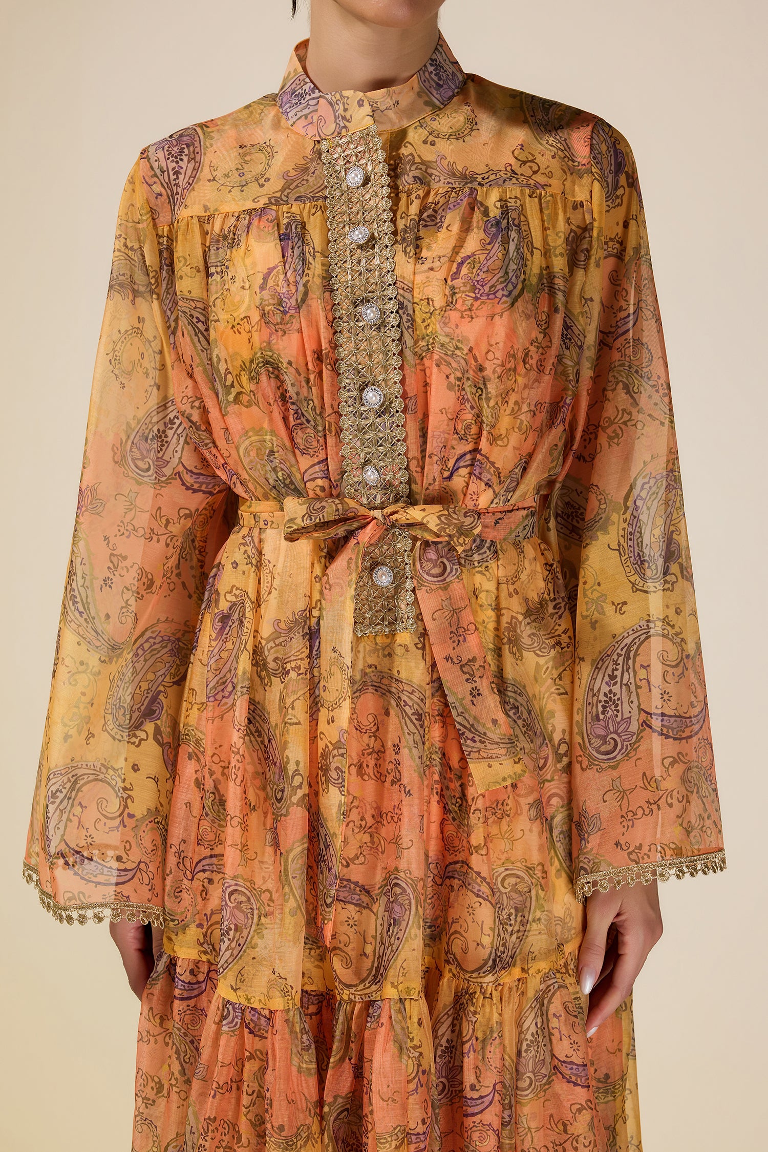 Paisley Print Stand Collar Lace Midi Dress With Belt
