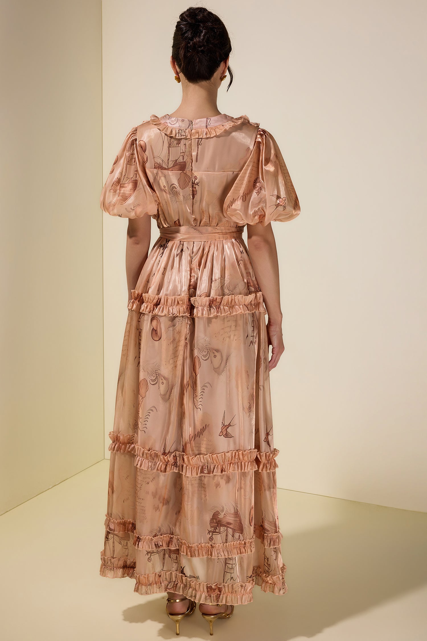Satin Abstract Print Maxi Dress With Belt