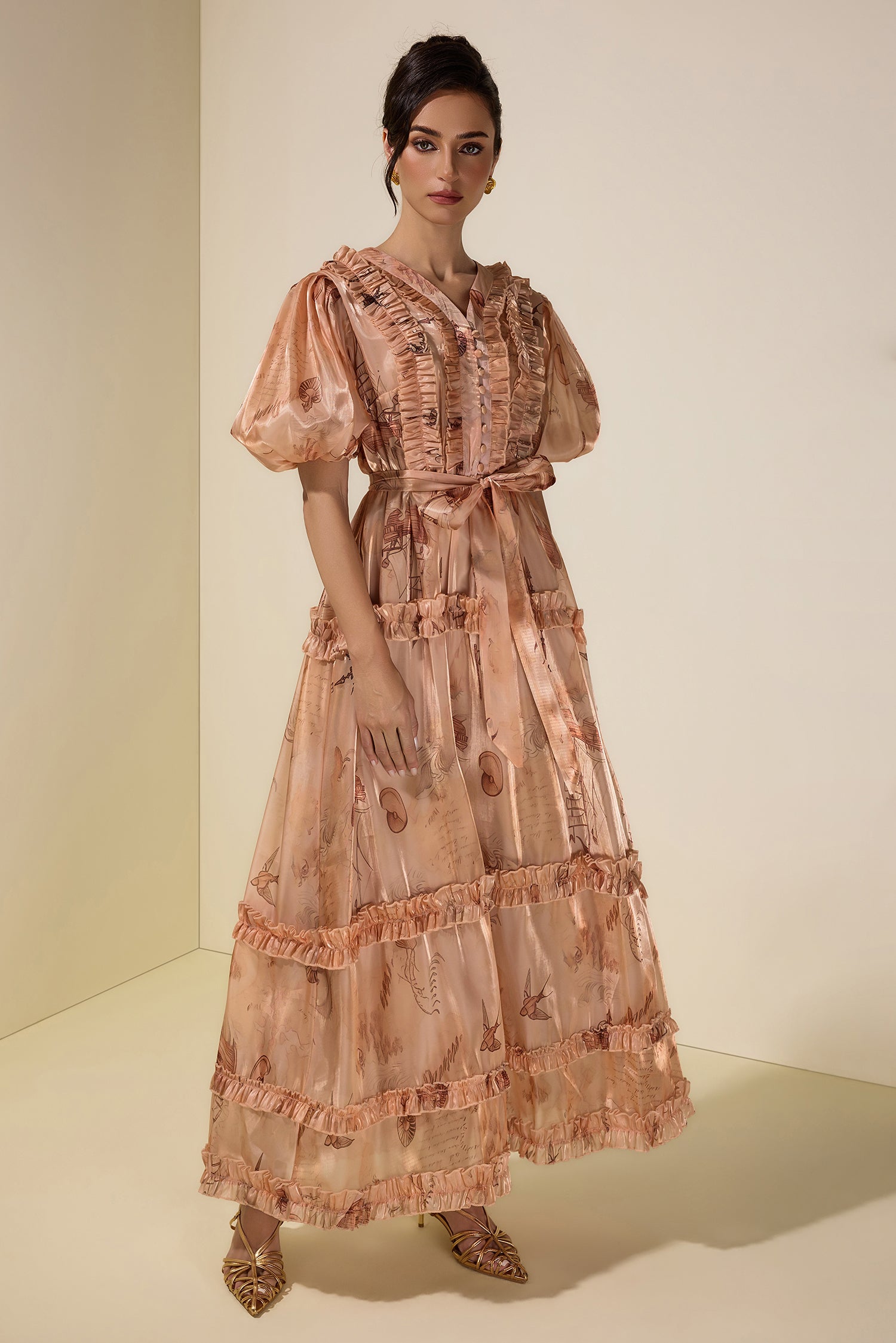 Satin Abstract Print Maxi Dress With Belt