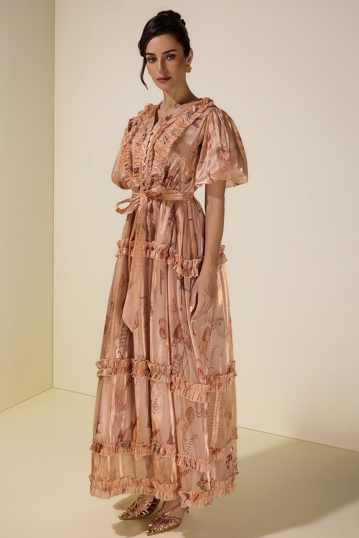 Satin Abstract Print Maxi Dress With Belt