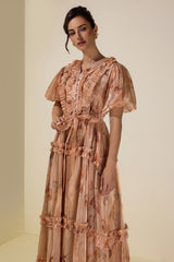 Satin Abstract Print Maxi Dress With Belt