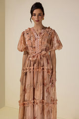 Satin Abstract Print Maxi Dress With Belt