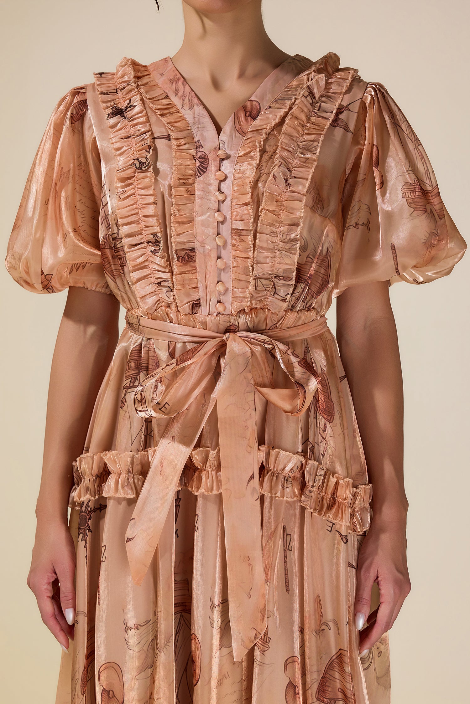 Satin Abstract Print Maxi Dress With Belt