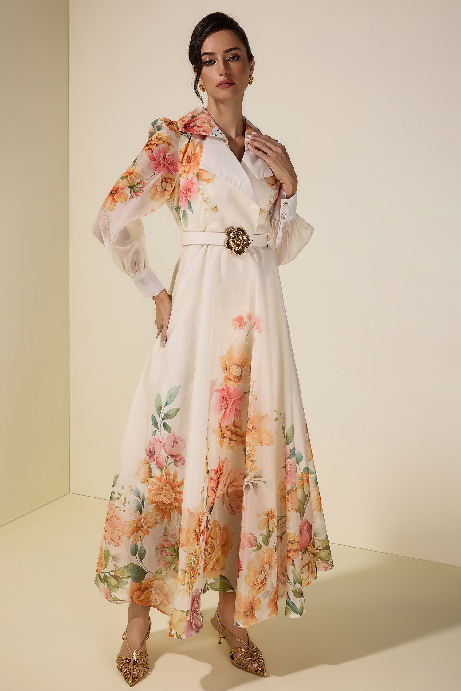 Floral Tailored Collar Maxi Dress With Belt