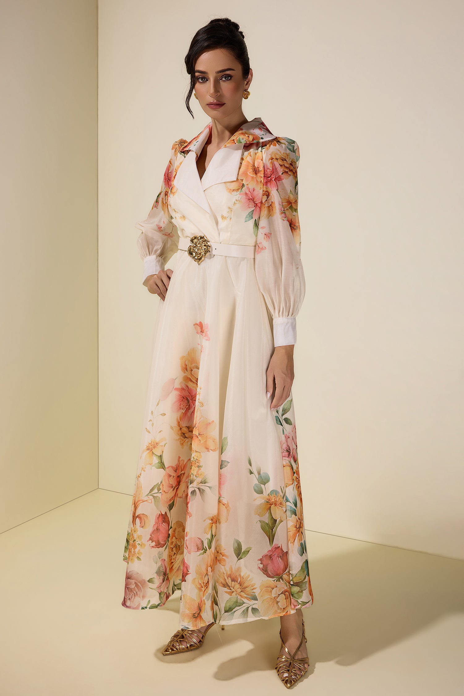 Floral Tailored Collar Maxi Dress With Belt