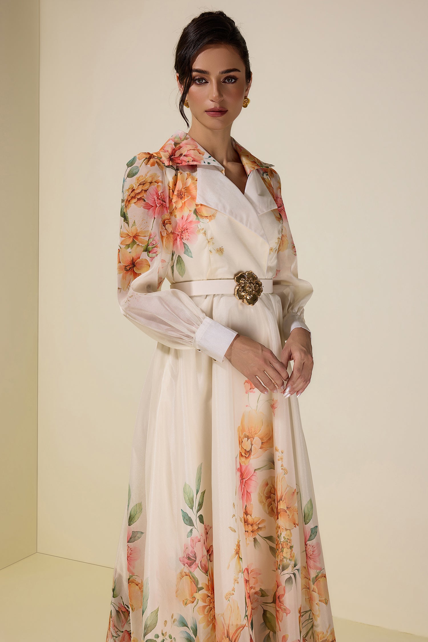 Floral Tailored Collar Maxi Dress With Belt