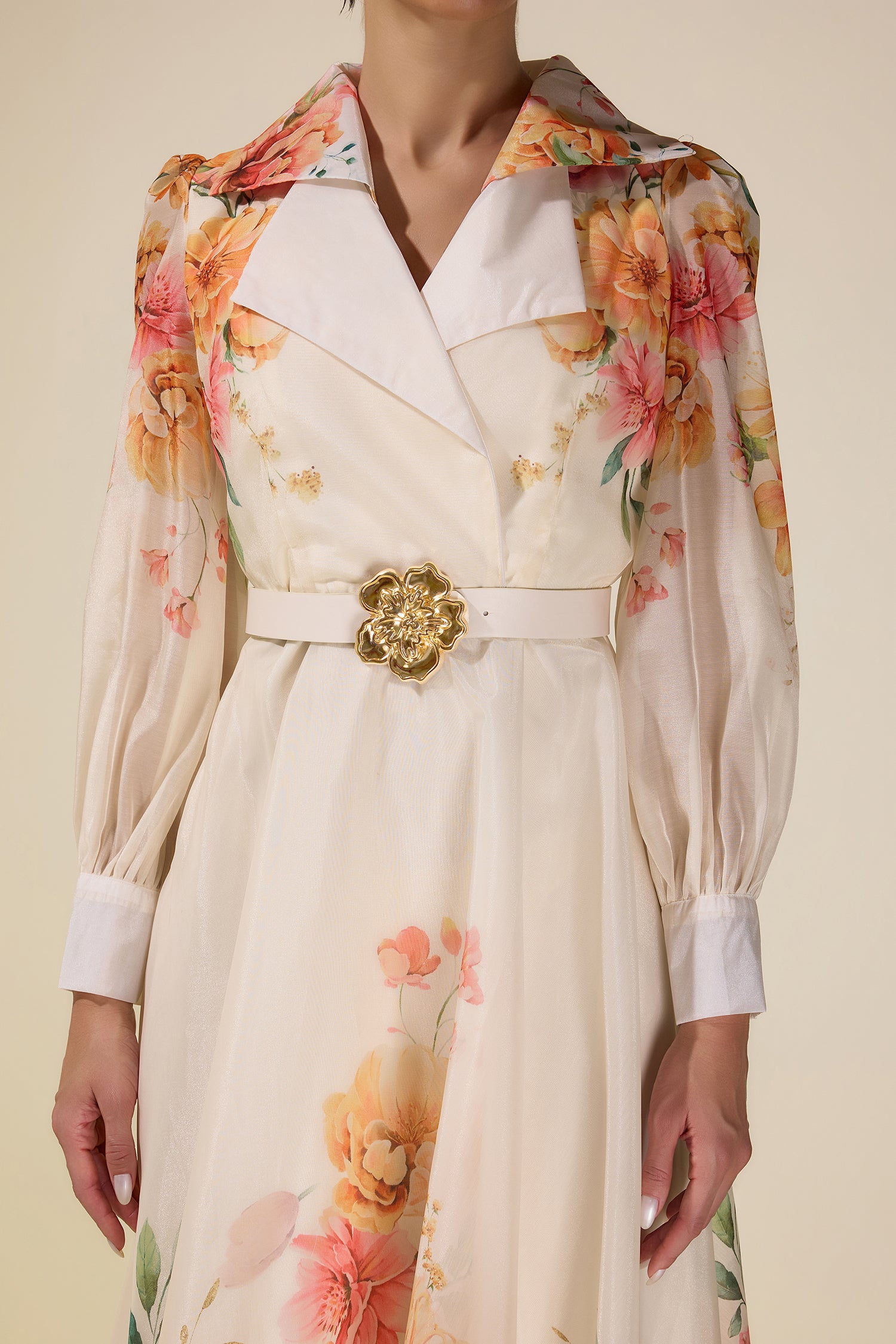 Floral Tailored Collar Maxi Dress With Belt