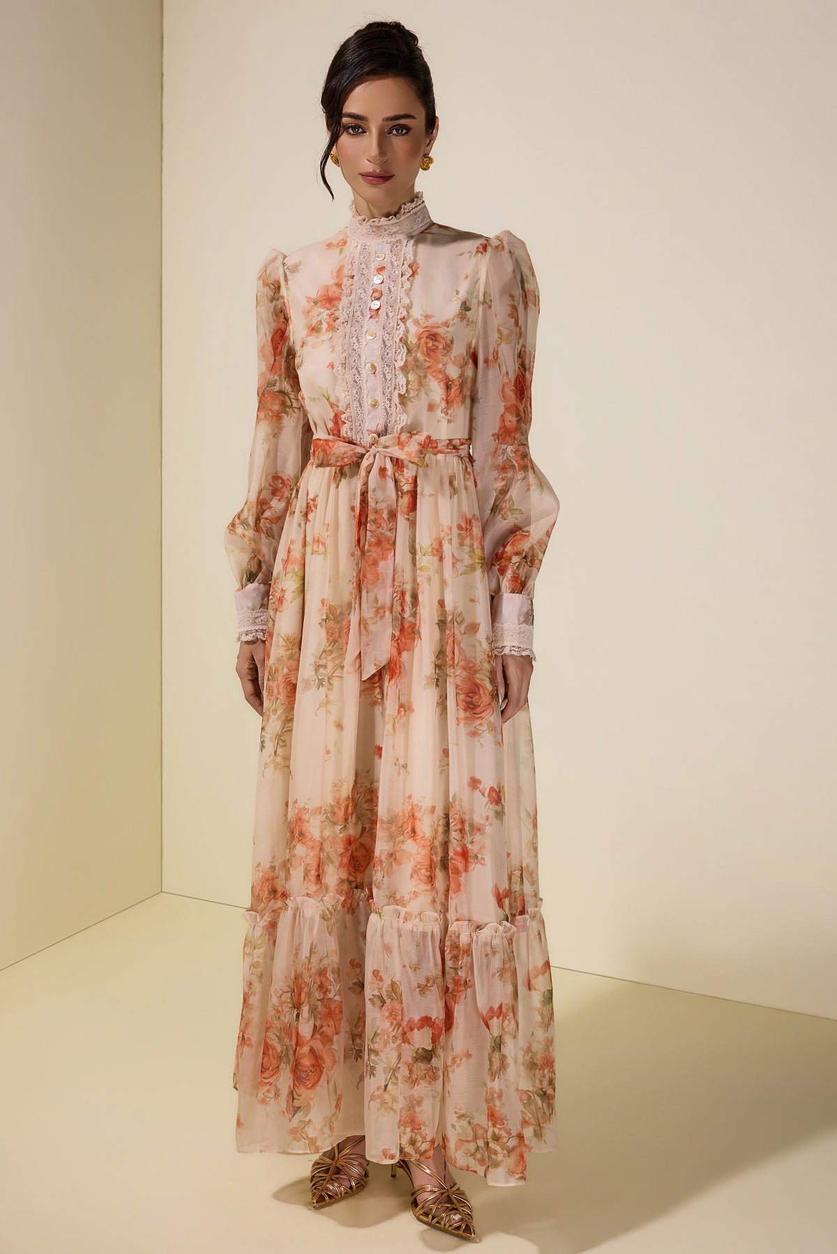 Floral Lace Frill Maxi Dress With Belt