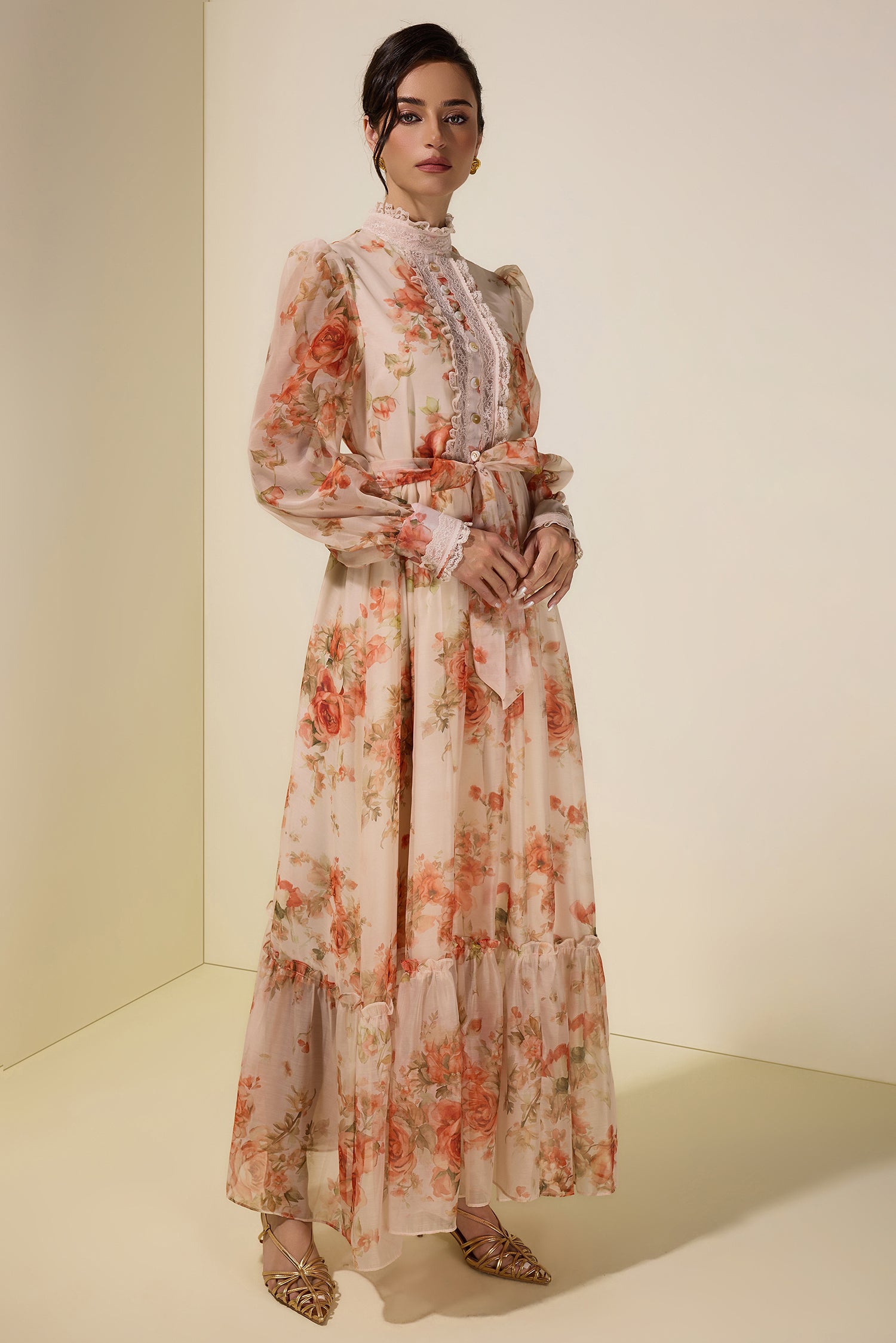 Floral Lace Frill Maxi Dress With Belt