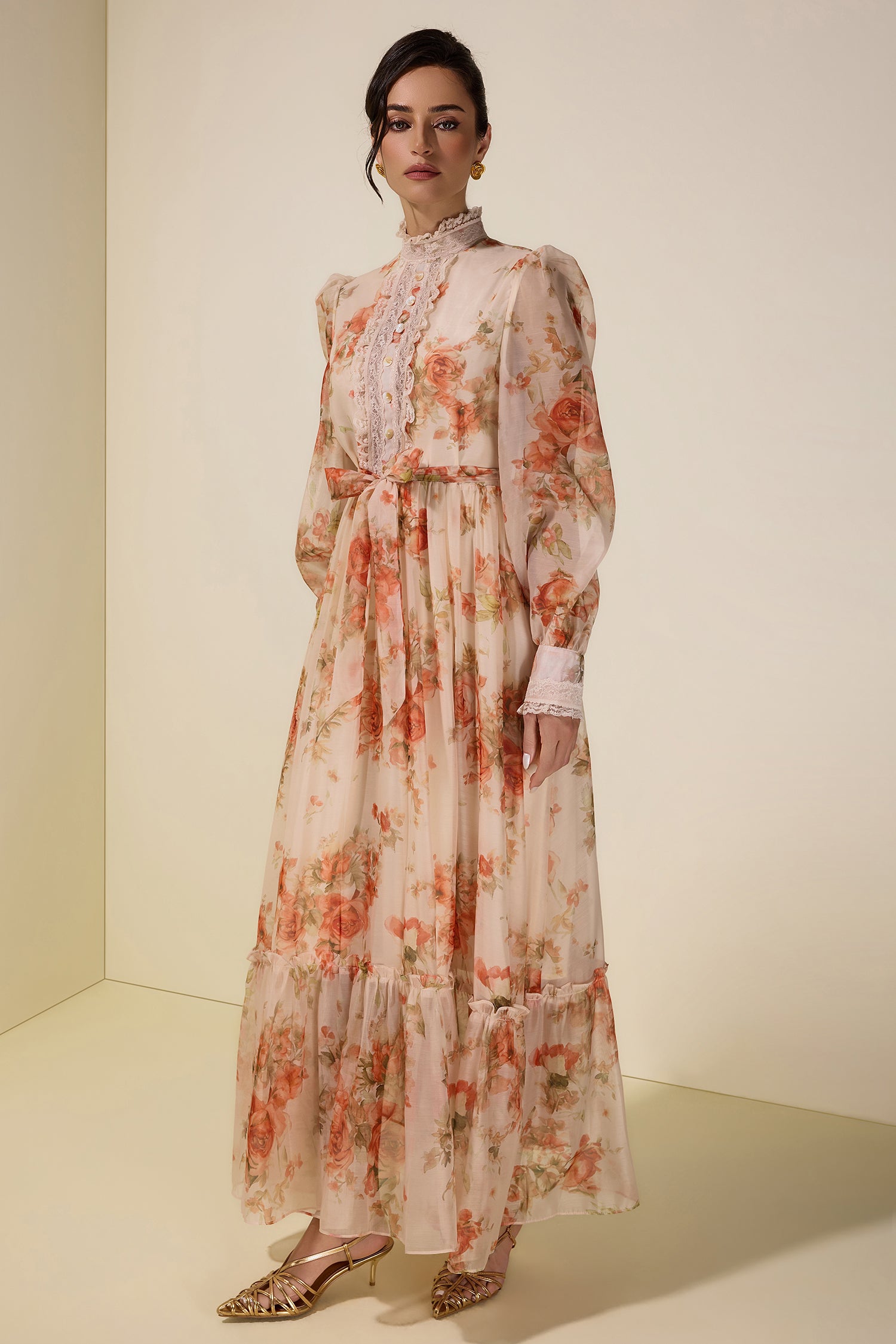 Floral Lace Frill Maxi Dress With Belt