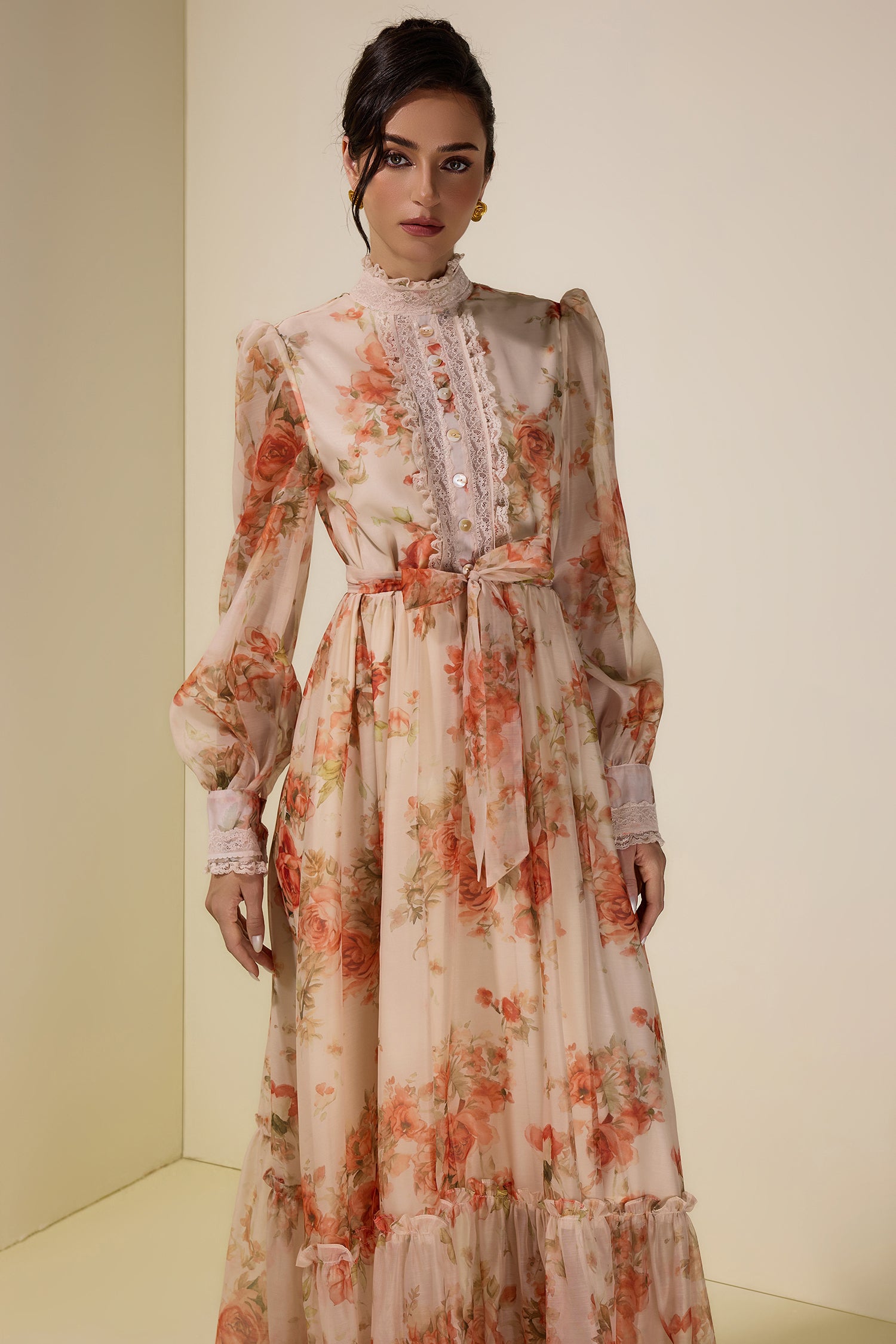 Floral Lace Frill Maxi Dress With Belt