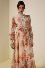 Floral Lace Frill Maxi Dress With Belt