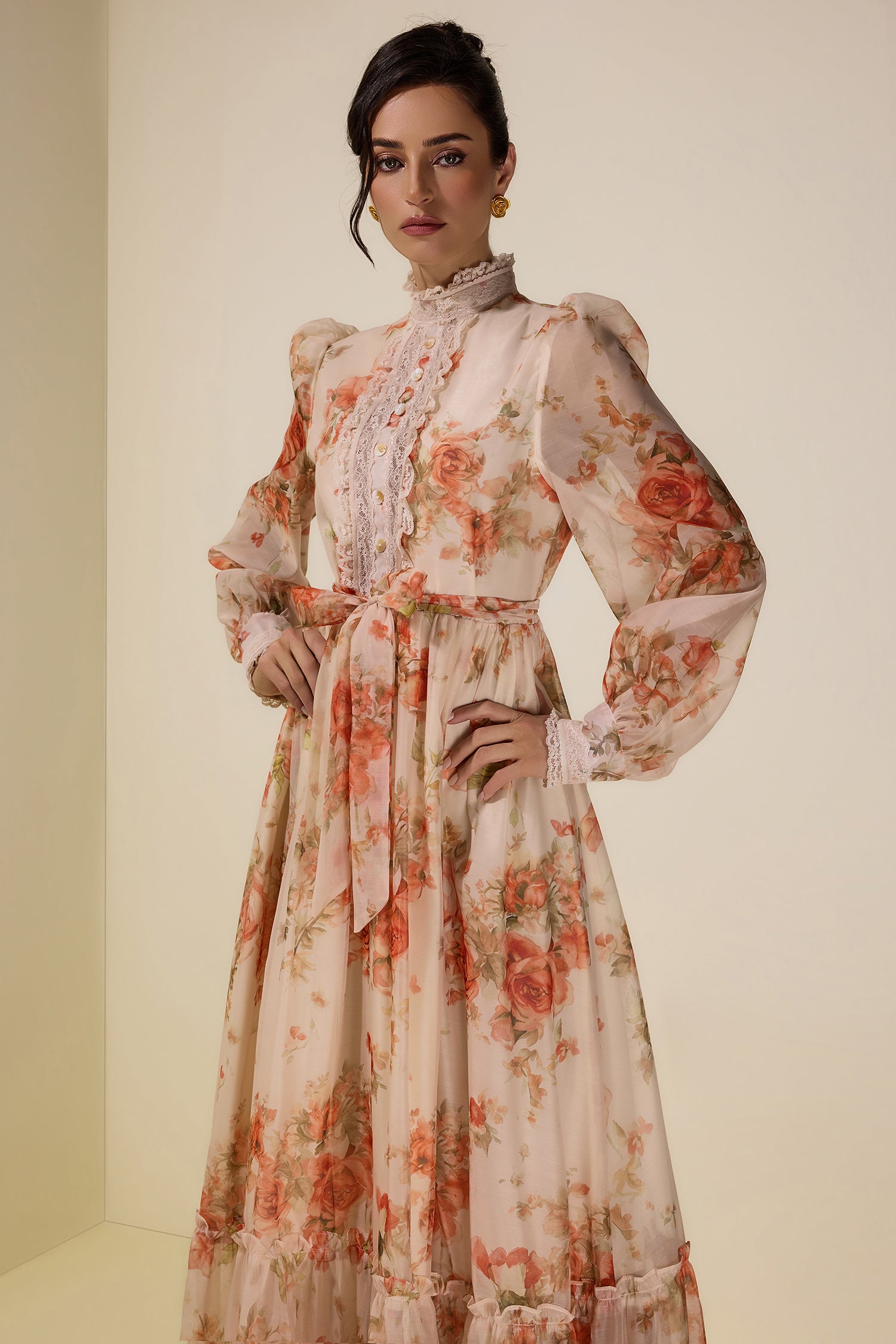 Floral Lace Frill Maxi Dress With Belt