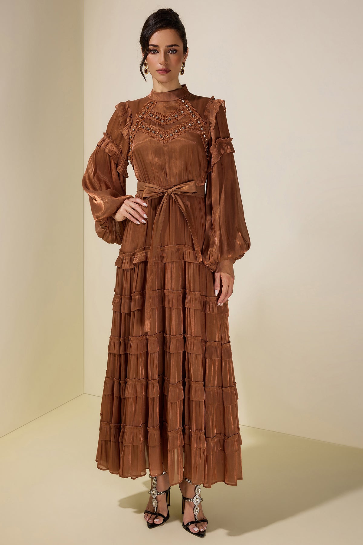 Rhinestone Rivets Frill Midi Dress
