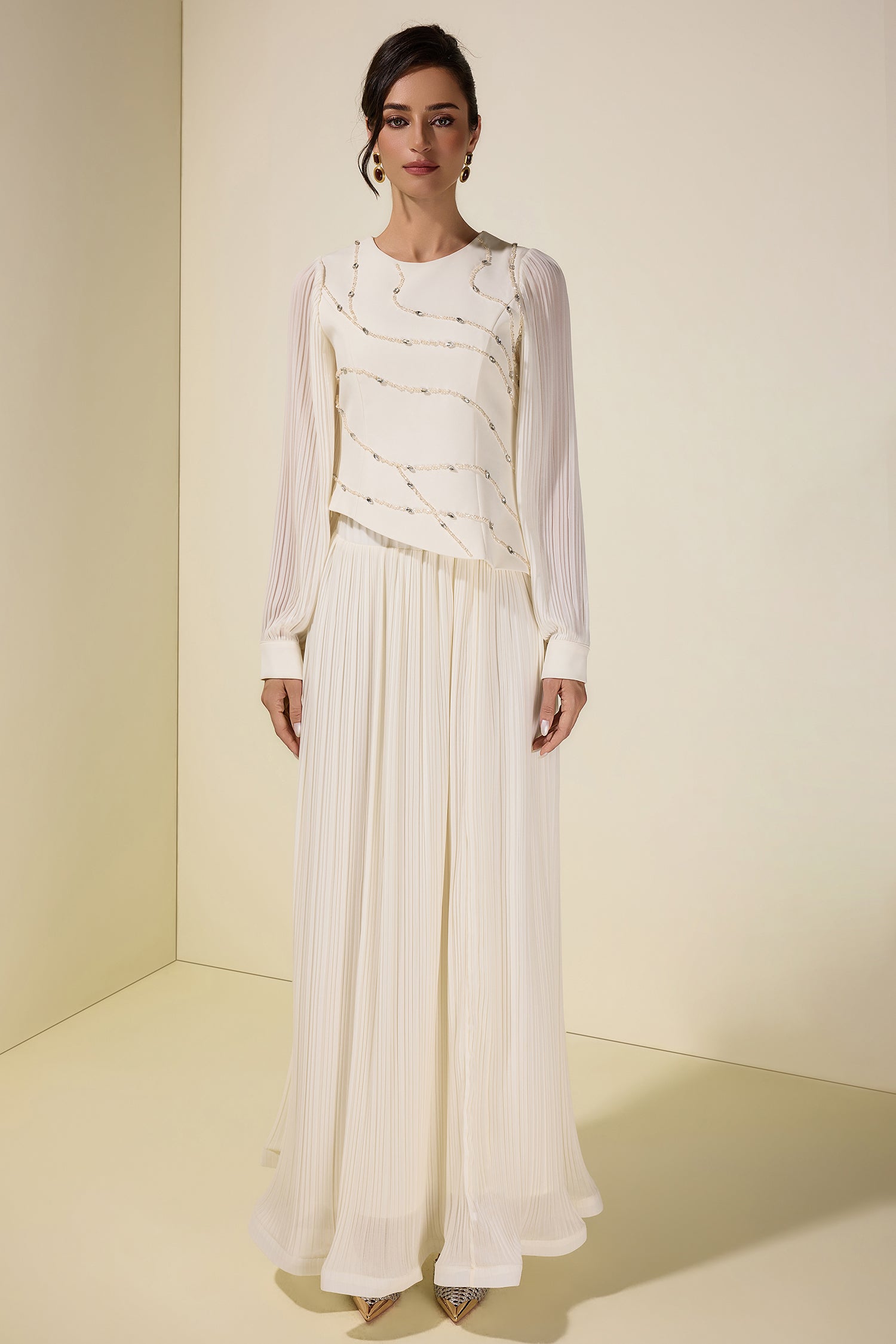 Rhinestone Rivets Pleated Top & Maxi Skirt Set