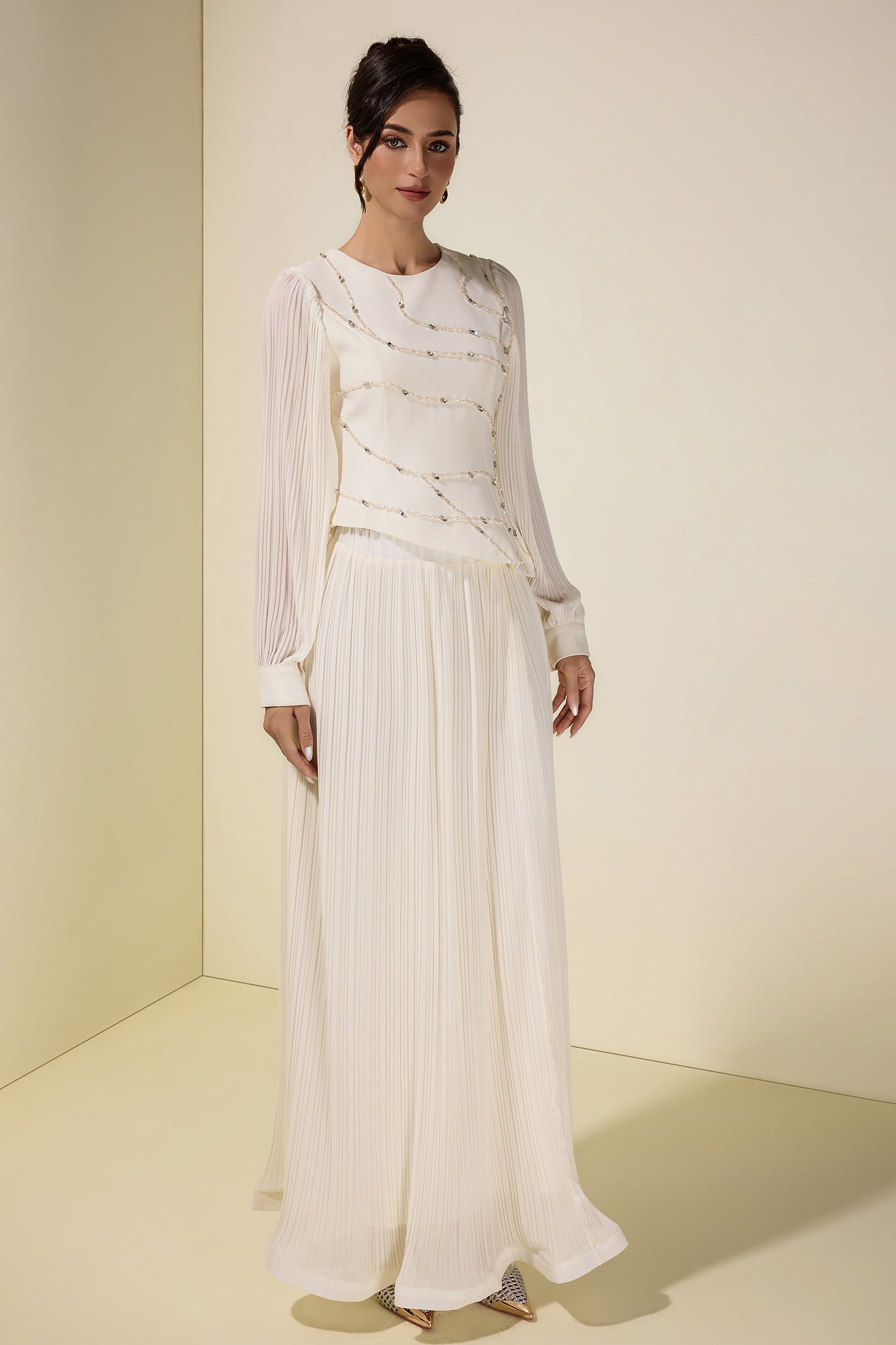 Rhinestone Rivets Pleated Top & Maxi Skirt Set