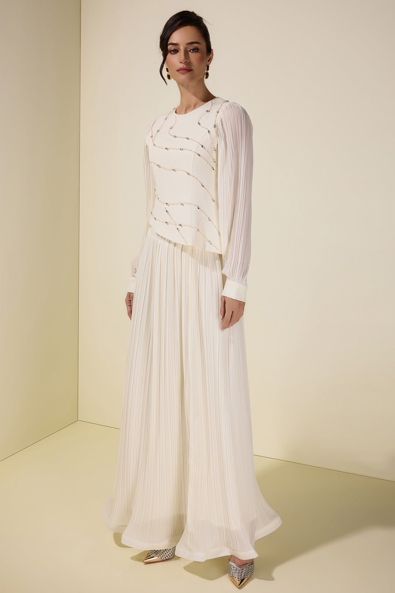 Rhinestone Rivets Pleated Top & Maxi Skirt Set