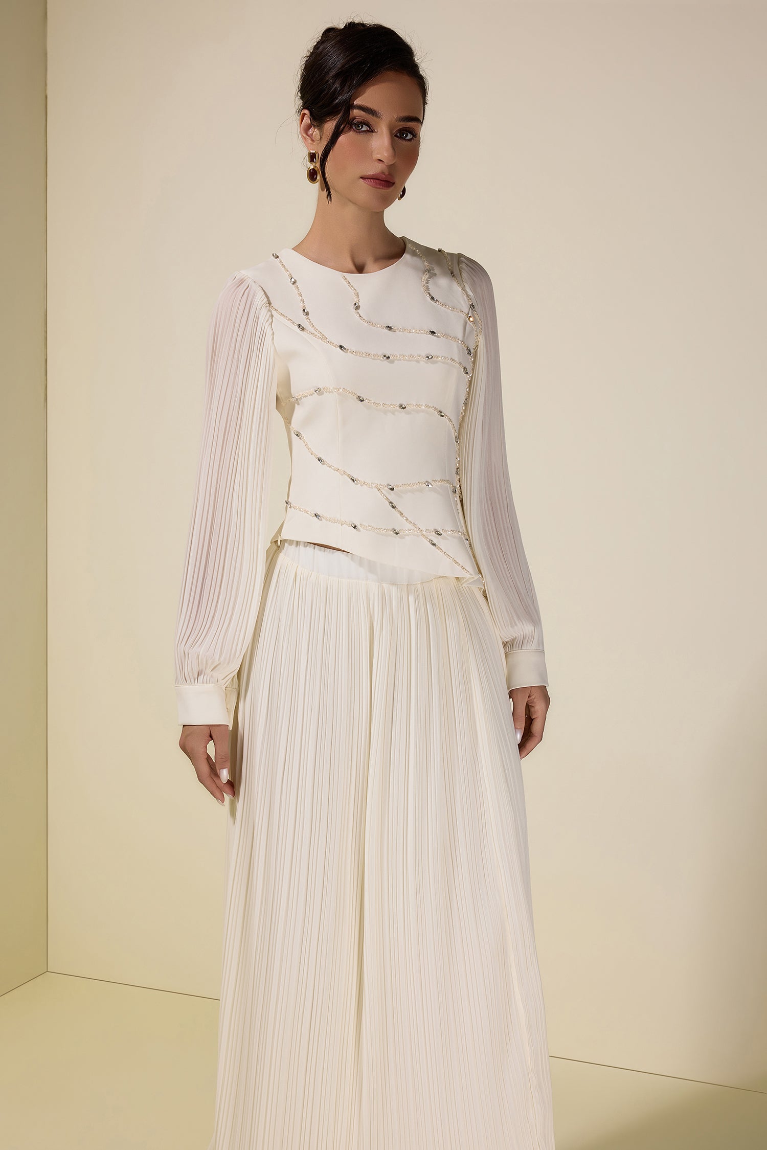 Rhinestone Rivets Pleated Top & Maxi Skirt Set