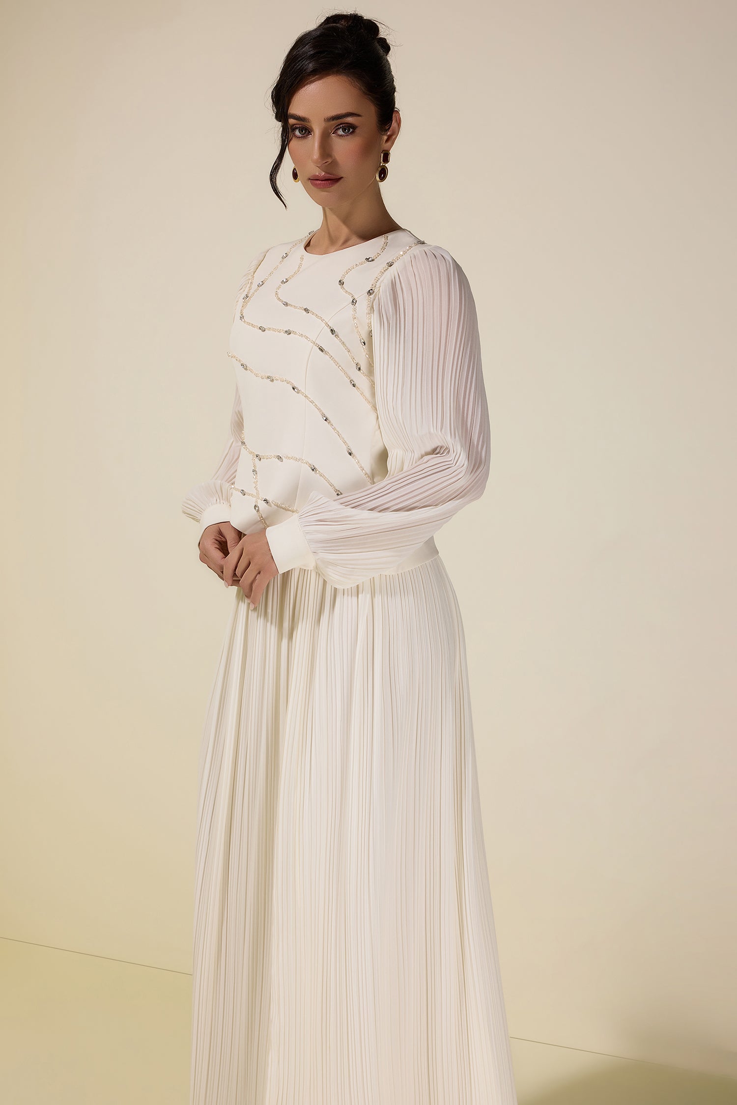 Rhinestone Rivets Pleated Top & Maxi Skirt Set