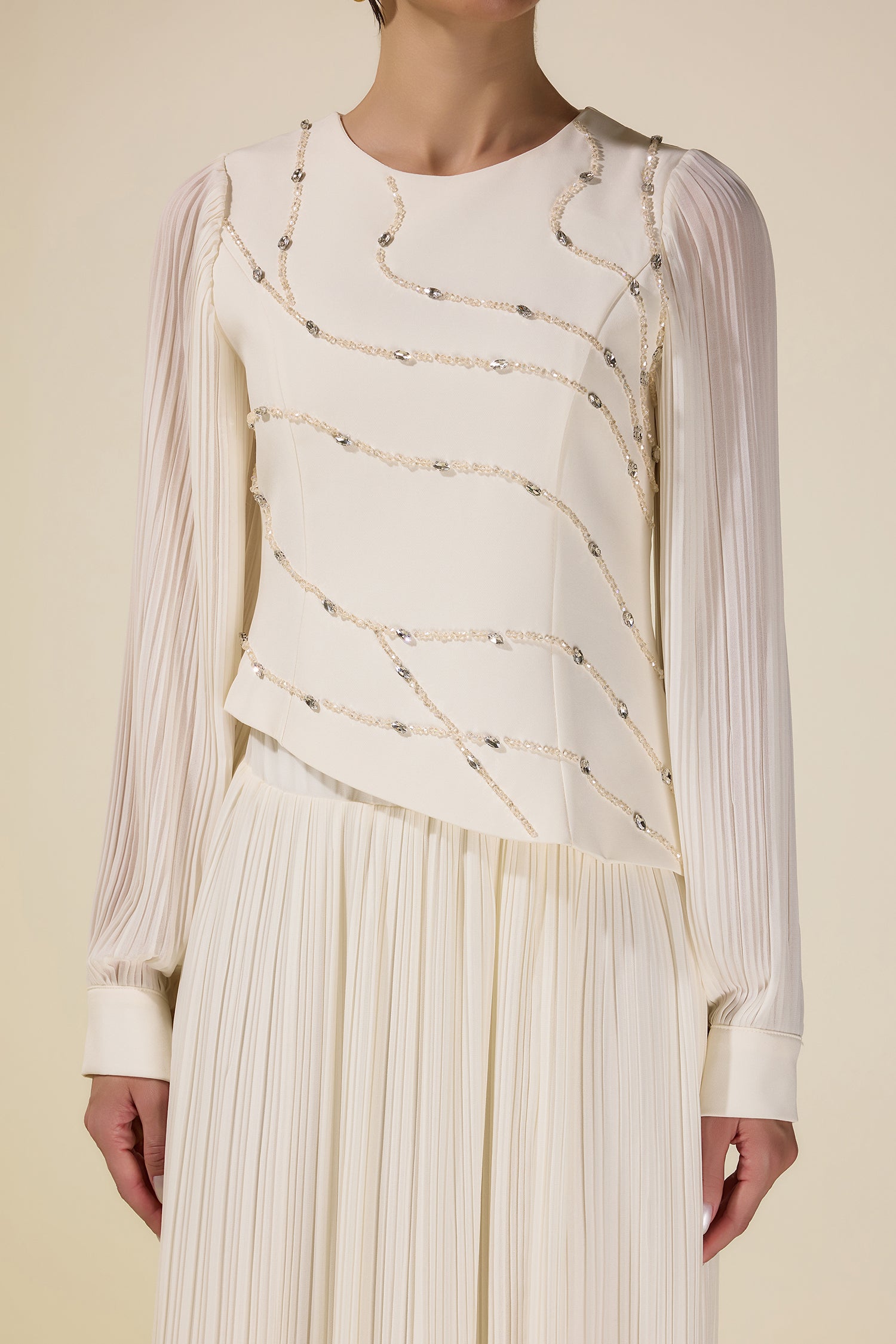 Rhinestone Rivets Pleated Top & Maxi Skirt Set