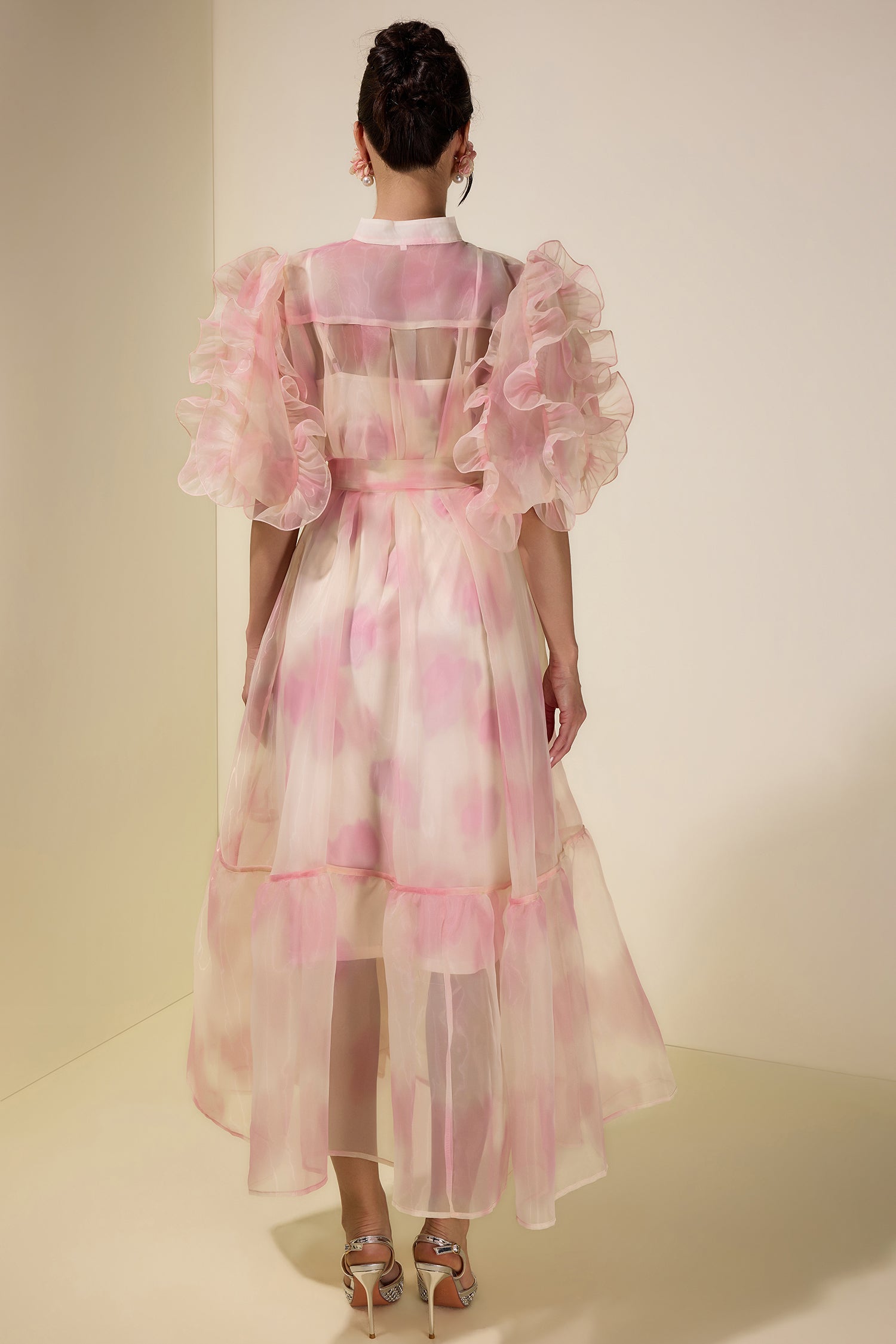 Tie Dye Puff Sleeve Ruffle Midi Dress