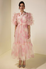 Tie Dye Puff Sleeve Ruffle Midi Dress