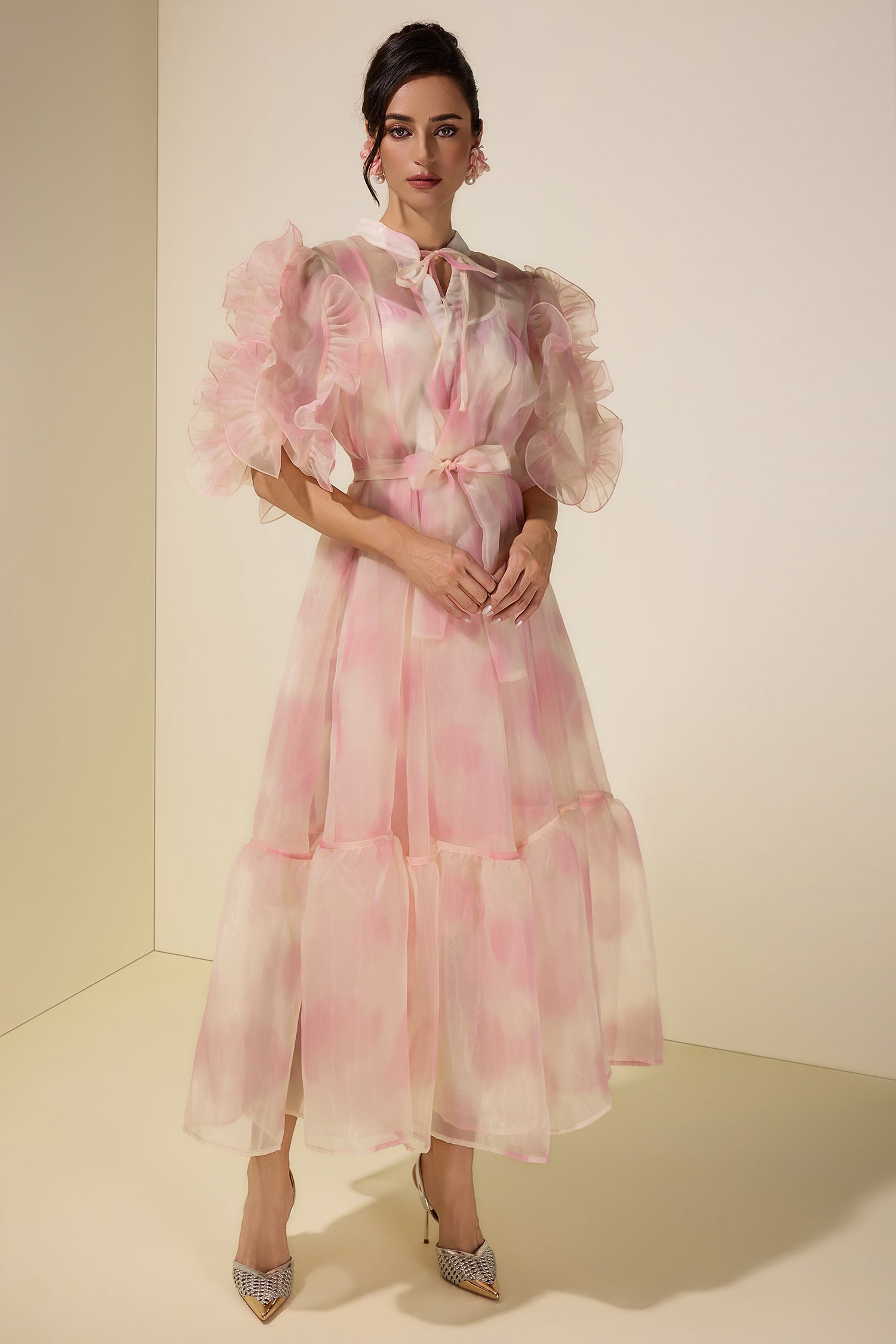 Tie Dye Puff Sleeve Ruffle Midi Dress