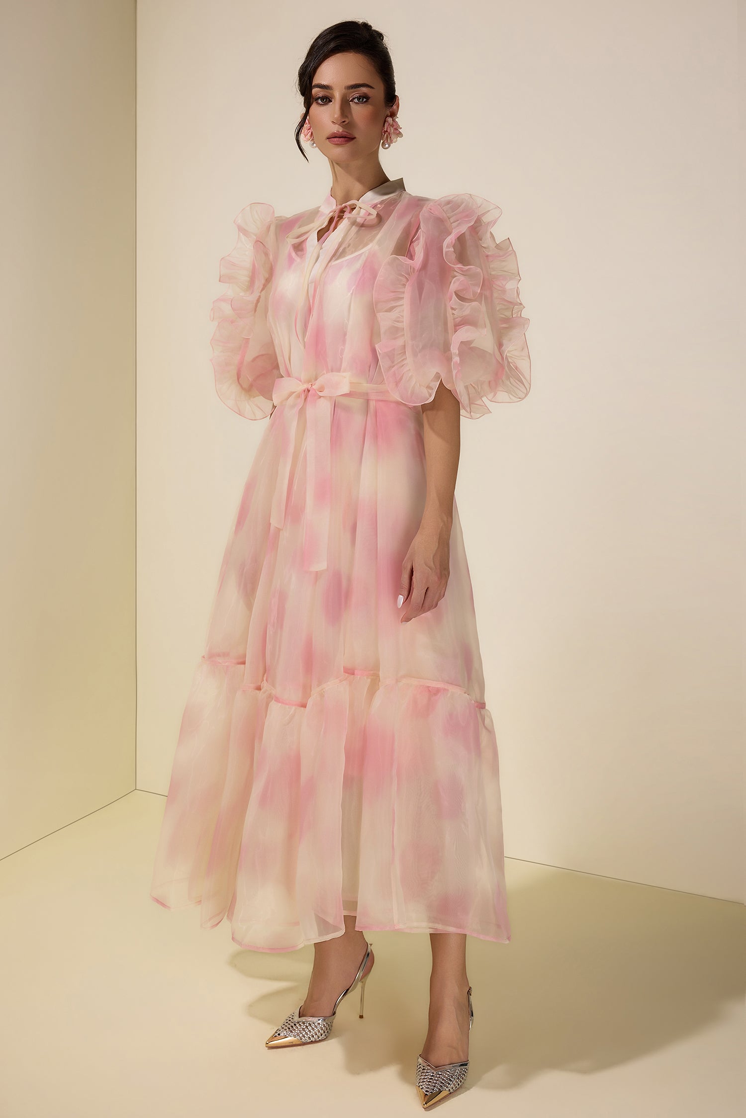 Tie Dye Puff Sleeve Ruffle Midi Dress