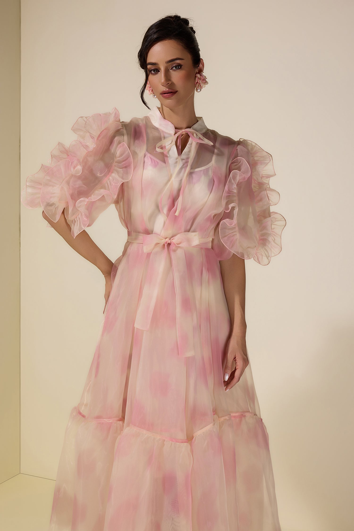 Tie Dye Puff Sleeve Ruffle Midi Dress